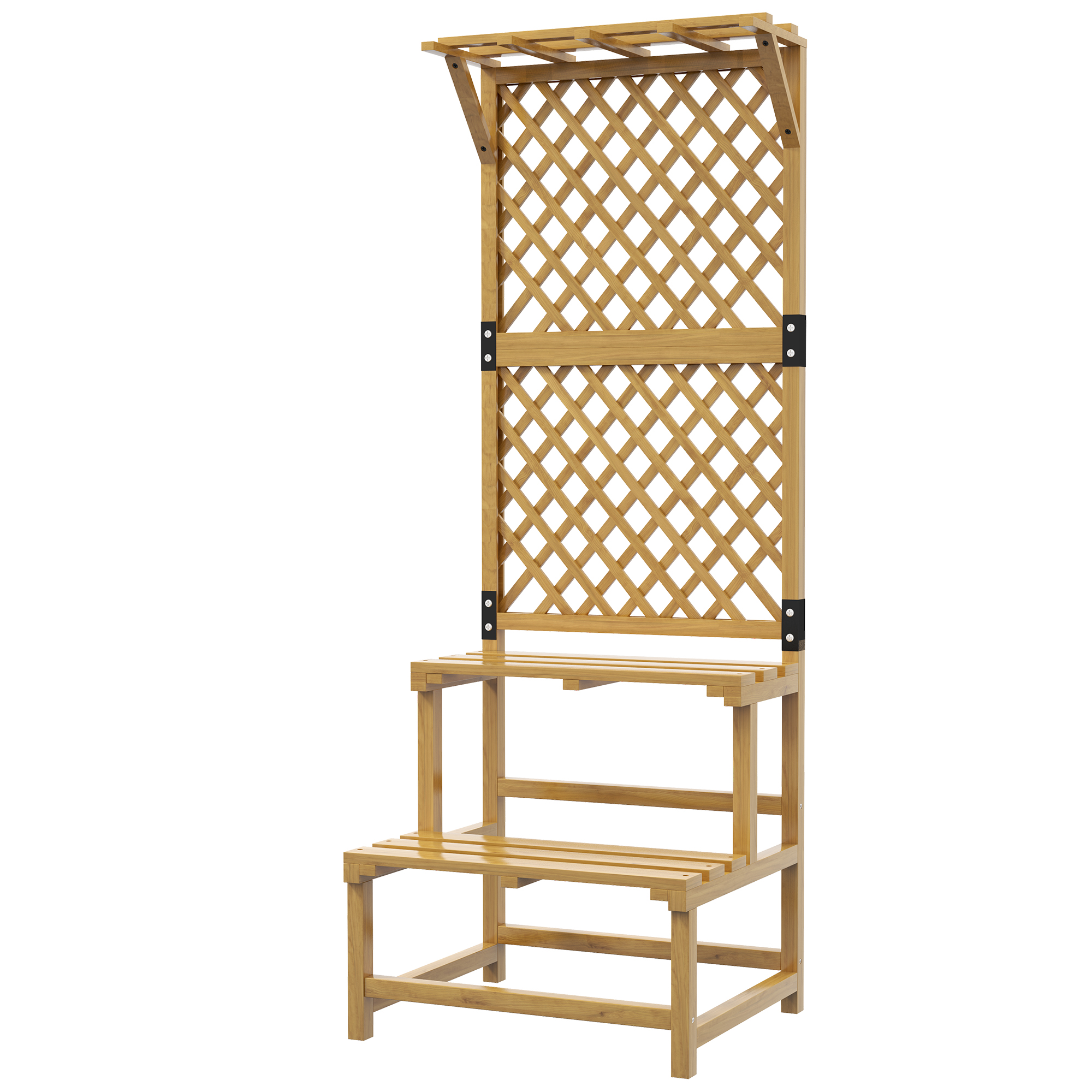 Outsunny Pflanzenständer, Blumenregal, 2 Etagen, mit Spalier & Dach, Tannenholz, 60x50x166cm, Gelb
