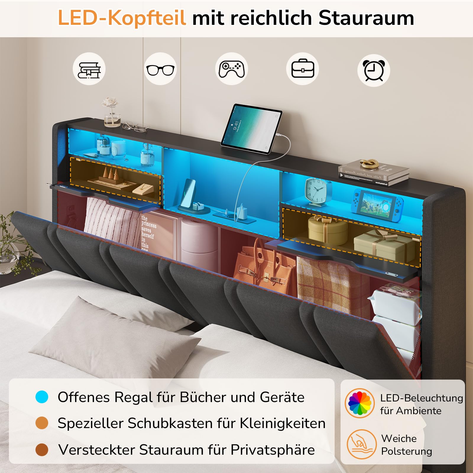 Polsterbett 180x200 cm mit LED-Beleuchtung, Bettkasten und USB-C-Ladestation inkl. Lattenrost