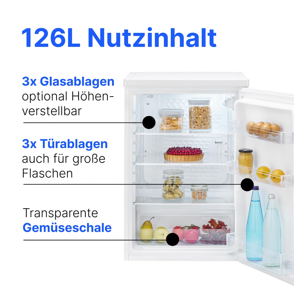 Kühlschrank ohne Gefrierfach 126 L, Energieklasse C, 85 cm hoch, leise 35 dB, 3 Glasablagen, weiß