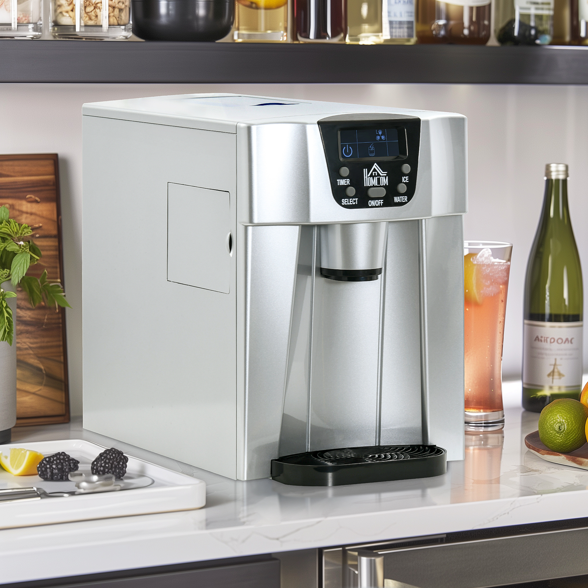 HOMCOM Eiswürfelmaschine Eiswürfelbereiter Ice-Maker, Timer-Funktion, 1,2 L Wassertank,  Silber