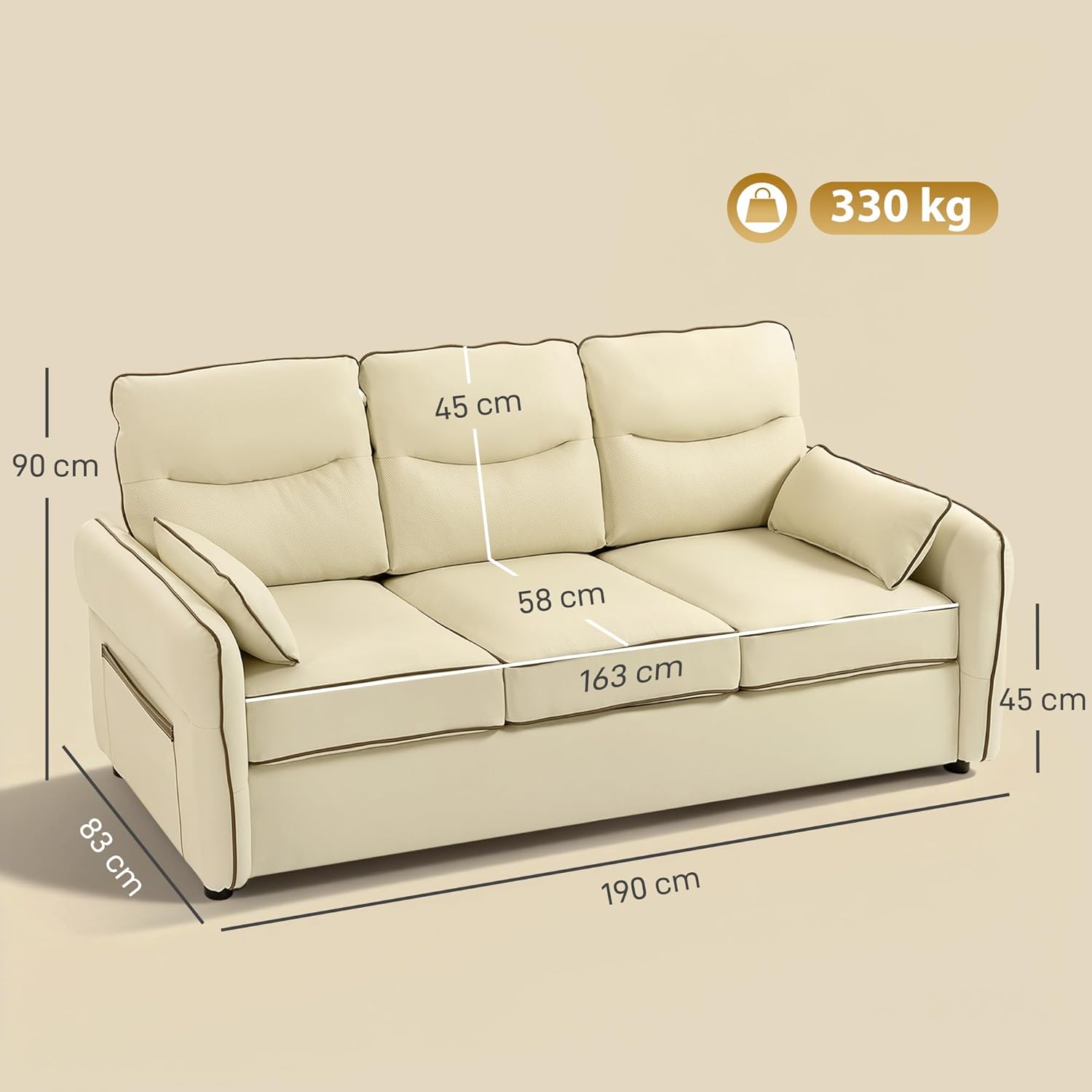 HOMCOM Divano 3 Posti Imbottito in Pelle Finta con Bordo a Contrasto, Divanetto da Salotto con Imbottitura Spessa, 2 Cuscini Rimovibile e Lavabile, Braccioli e Tasche Laterali, 190x83x90 cm, Beige