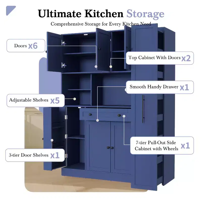 Kitchen Pantry Cabinet with Hutch and Pull-Out Side Cabinet