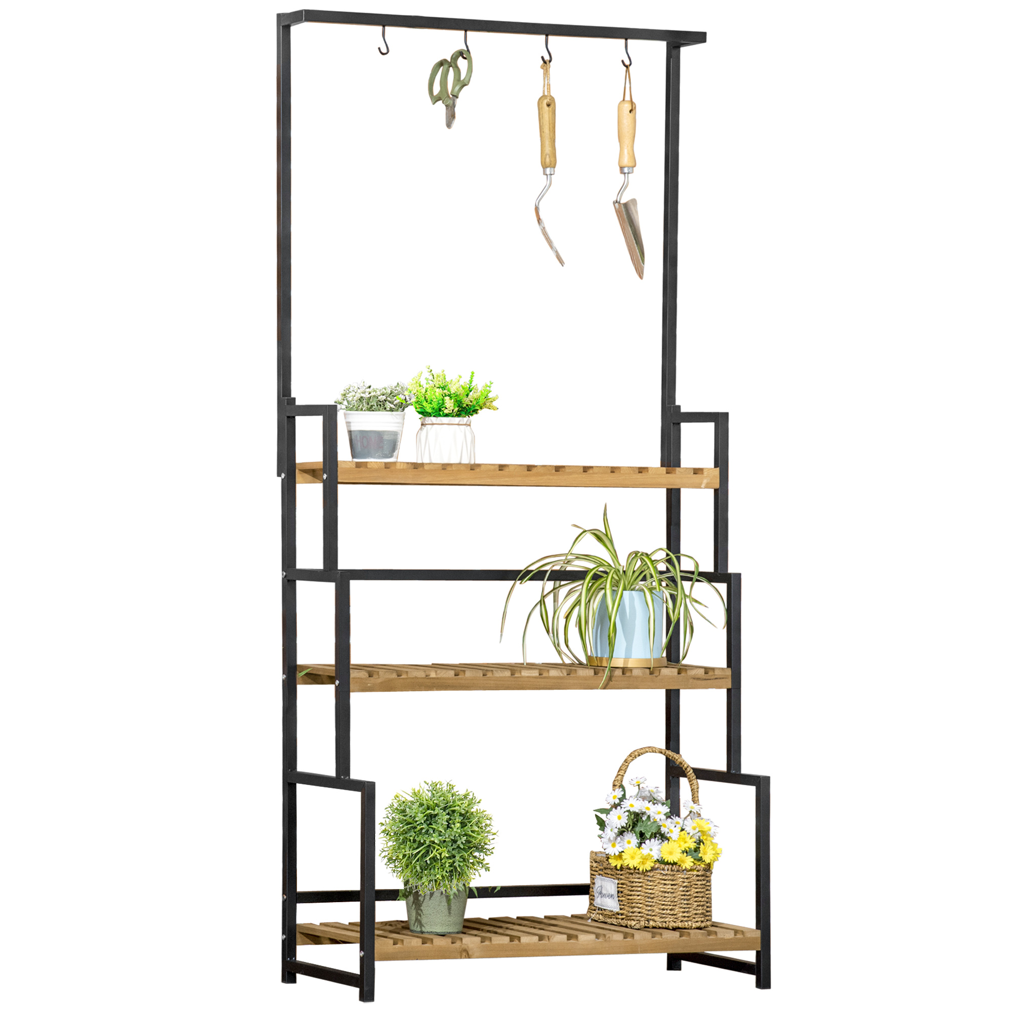 Outsunny Pflanzenregal mit 3 Ebenen und Befestigungshaken, Blumentreppe aus Naturholz, 80 cm x 36 cm x 174 cm, Natur