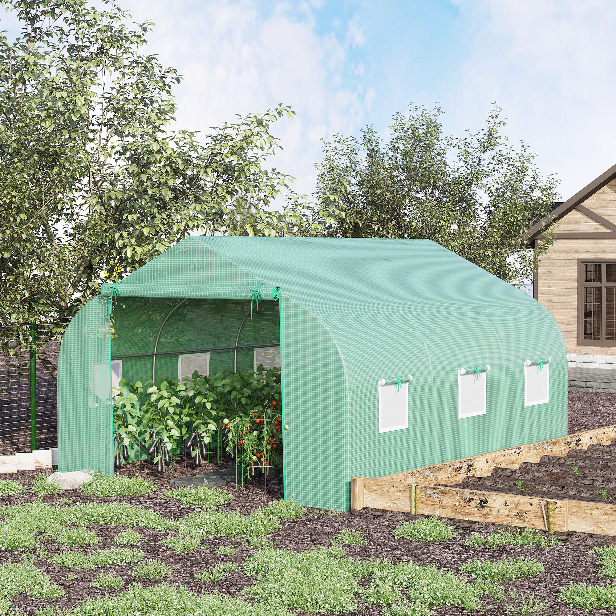 Outsunny Folien Gewächshaus Foliengewächshaus Treibhaus Frühbeet Pflanzenhaus Tomatenhaus Giebeldach  350L × 300B × 200H cm