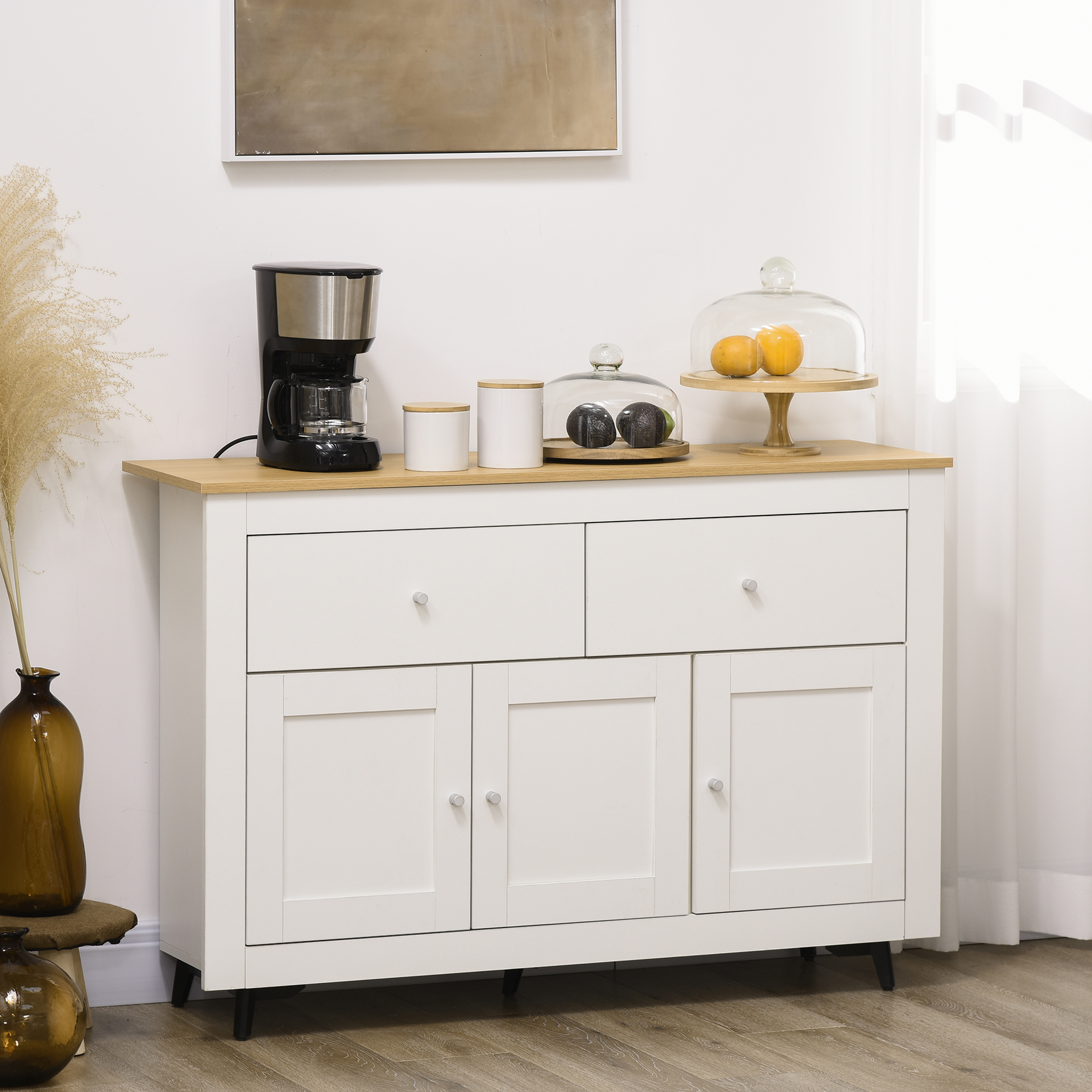 HOMCOM Buffet Küche mit 2 Schubladen 3 Türen und höhenverstellbarem Regal, für Küche, Esszimmer, Wohnzimmer, 117 x 35 x 80 cm, Weiß