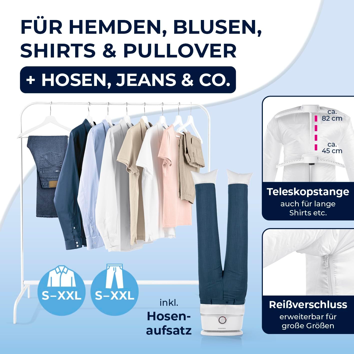 CLEANmaxx Automatischer Hemden-Bügler zum Trocknen und Gltten von Hemden & Blusen inklusive Aufsatz für Hosen | Die innovative und schonende Art, Ihre Wsche zu gltten