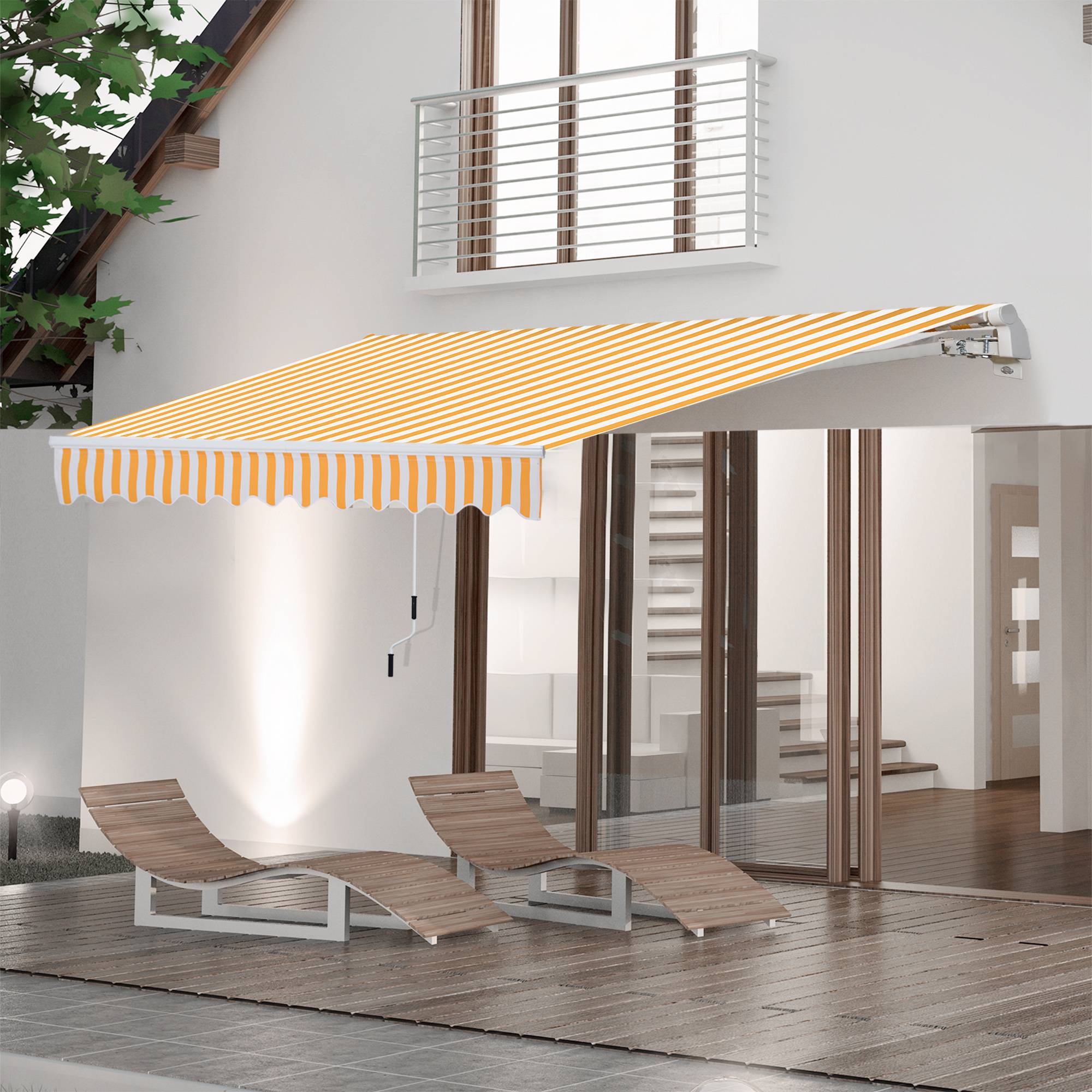 Outsunny Manueller ausziehbarer Markisenstore 295 x 245 cm für Terrasse mit Kurbel, einstellbarer Winkel 45°-85°, aus Aluminium und Polyester 280 g/m², Terrassenmarkise, Balkon, Hof, orange