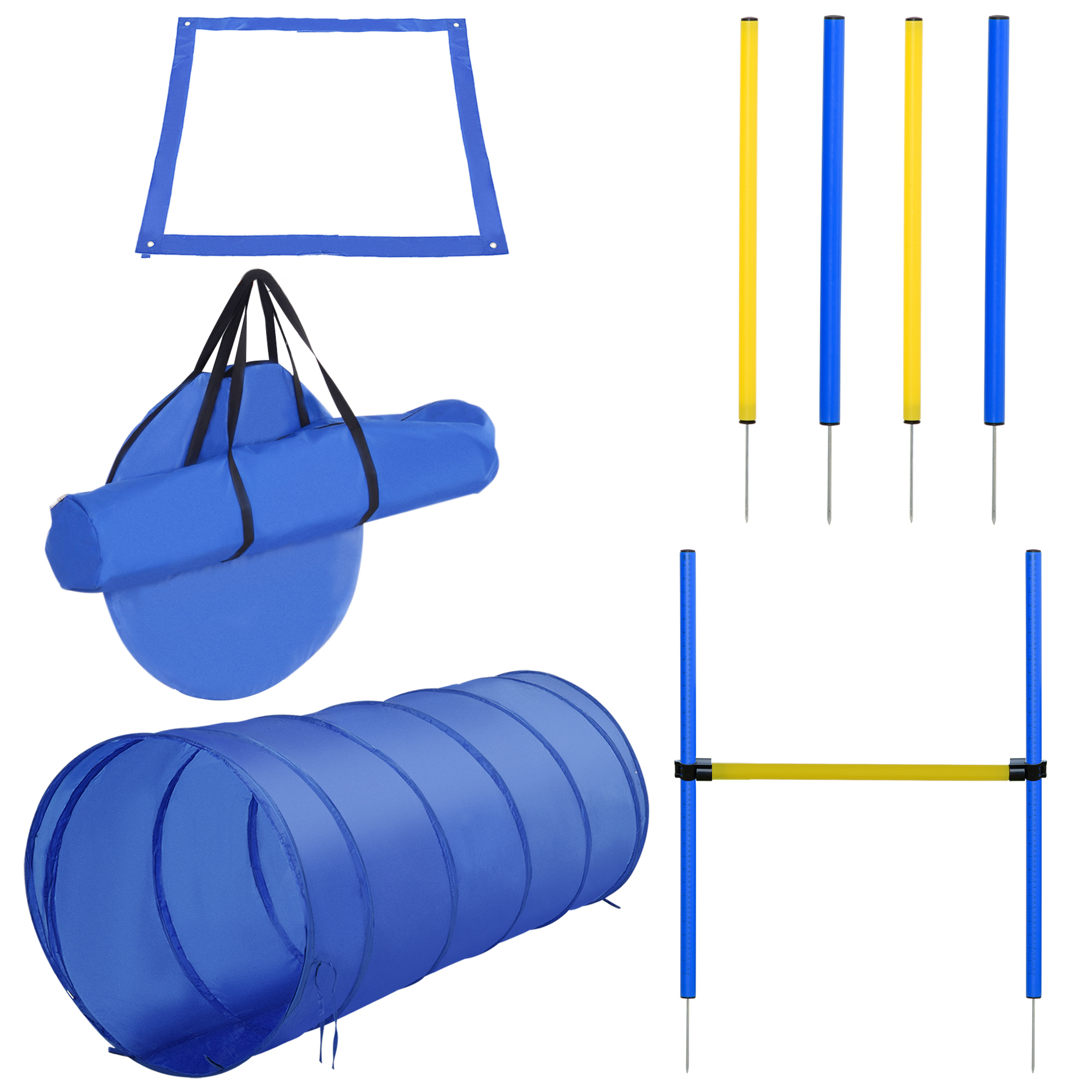 PawHut Agility Set Hunde 5-teiliges Agility-Ausrüstung für Hundetraining Steckhürdenset mit Hundetunnel 4 Slalomstangen höhenverstellbar Hürden Pause-Box Tragetasche Agilityset für Spiele Training