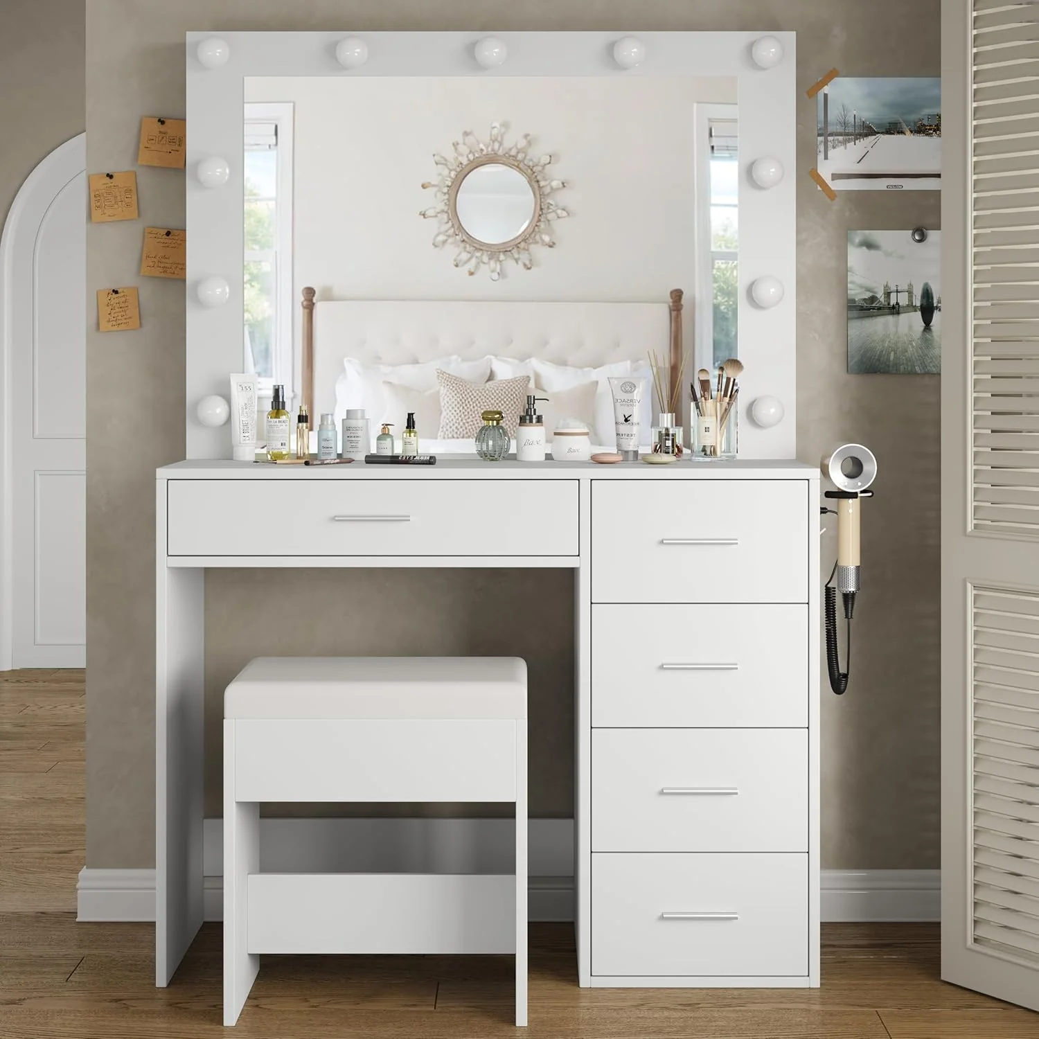 Desk with Power Outlet, 37''W Make Up Vanity with Lighting Mirror, 3 Lighting Modes Adjustable, 5 Drawers Dressing Table for Bedroom, Dressing Room, Live Broadcast Room, Black