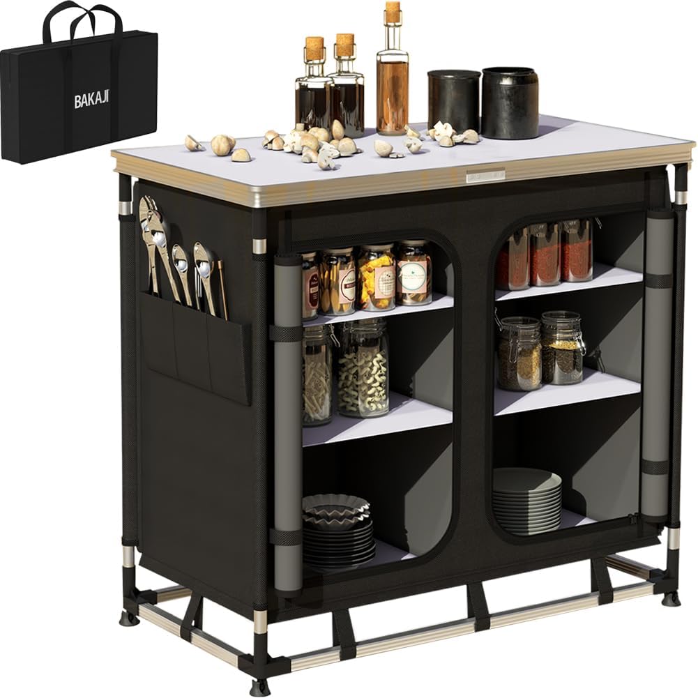 BAKAJI Cucina Armadio Mobiletto Tavolo Da Campeggio Picnic Compatta Portatile Pieghevole, Telaio Alluminio Cucinotto Paraspruzzi Borsa Trasporto Vano Portaoggetti In Tessuto (Compatto + Estensione)