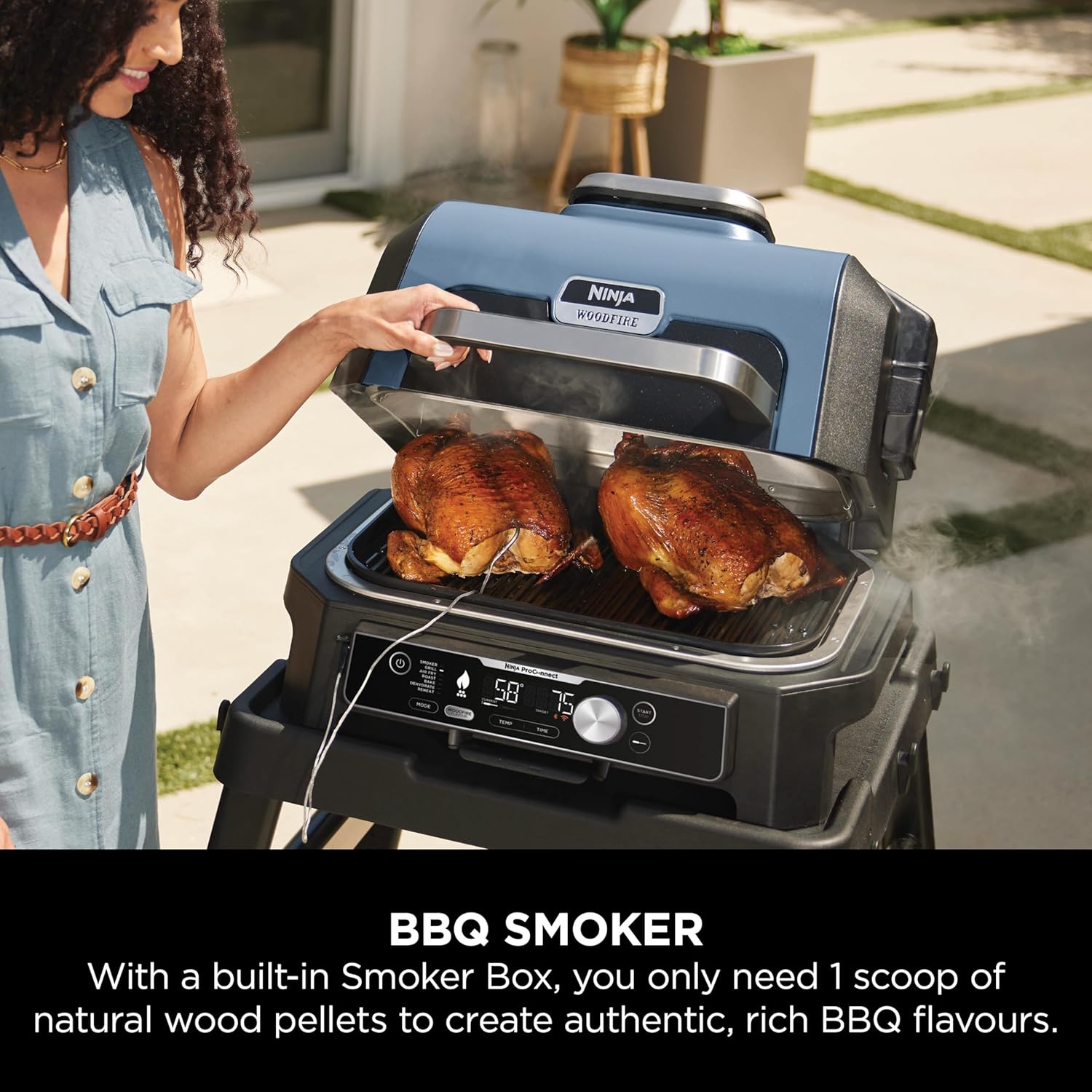 Ninja Woodfire Pro Connect XL Elektrischer Grill und Smoker mit App-Steuerung, digitaler Sonde, großer 7-in-1 Outdoor Grill und Luftfritteuse mit Woodfire Pellets