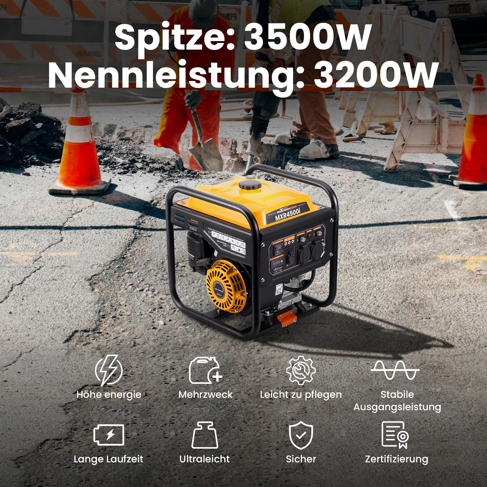 Inverter Stromgenerator 3500W Benzin 4 Takt 223cc tragbar mit 3200W Dauerleistung, 230V und Überlastschutz