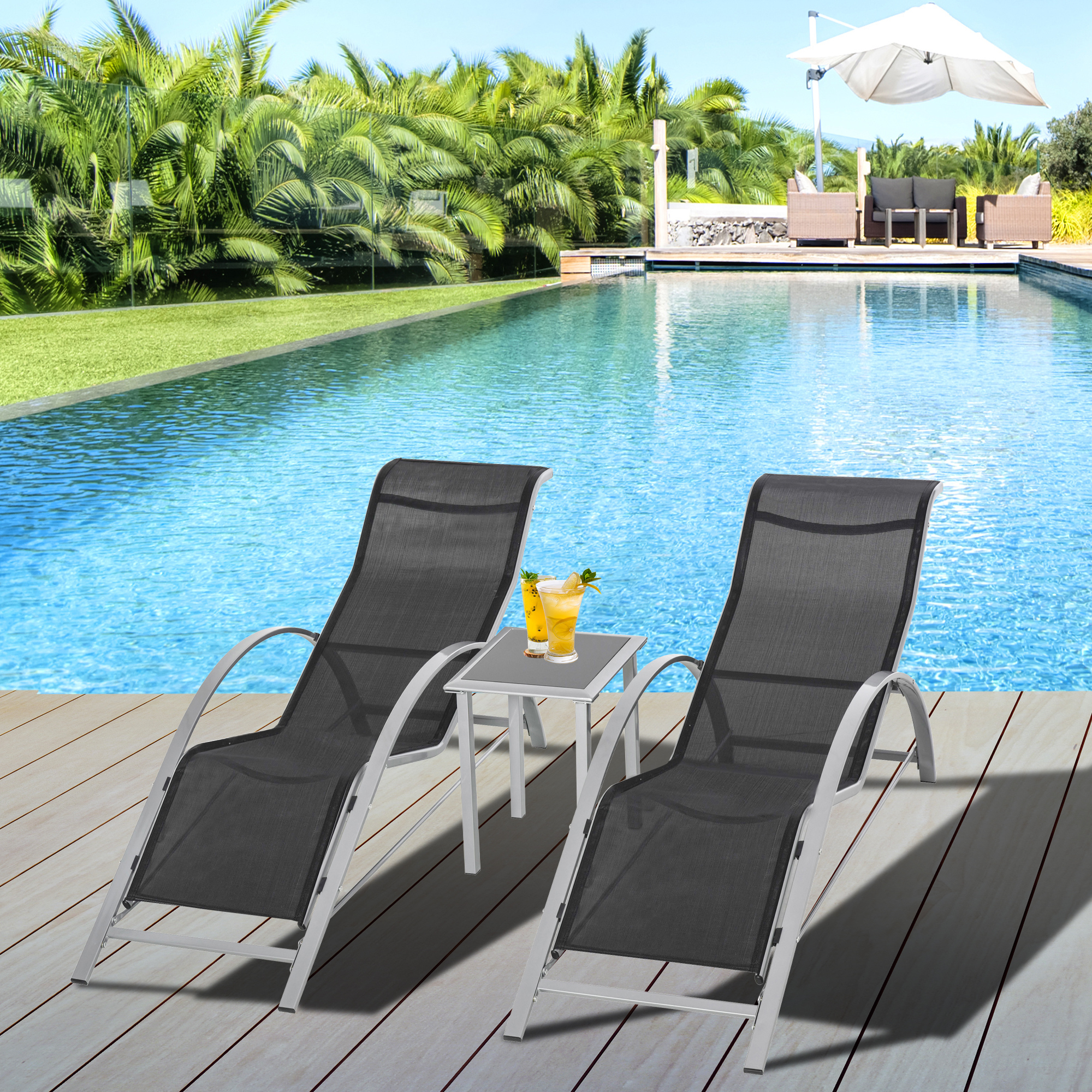 Outsunny Gartenliege Set Metall Mesh 3-TLG. Sonnenliege mit Teetisch Gartengarnitur mit 2 Sonnenliegen, 1 Beistelltisch Gartensitzgruppe für Garten, Balkon 59B x 169T x 66H cm Schwarz+Silber