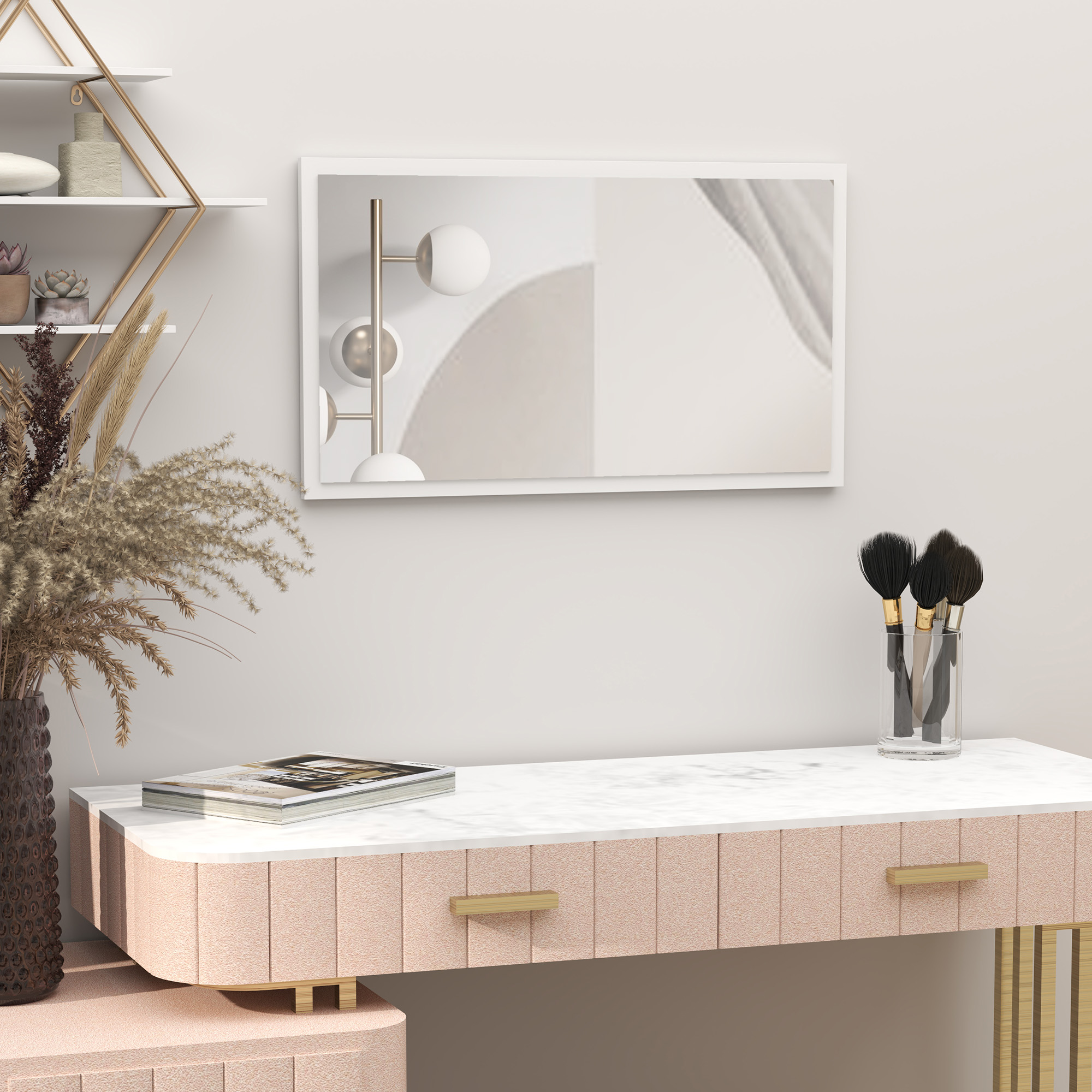HOMCOM Wandspiegel rechteckig 70 x 40 cm, 20 mm dickes Glas, für Wohnzimmer, Schlafzimmer, Badezimmer, weiß