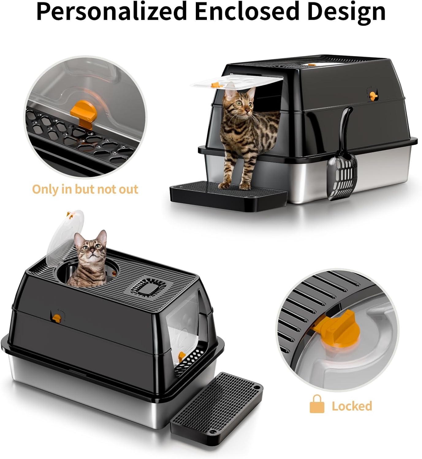 Lettiera per Gatti in Acciaio Inox, Lettiera Gatto Chiusa XXL, Lettiera Gatto Grande con Pala in Metallo, Doppio Strato Opaco Toilette per Gatti Grande - Grigio