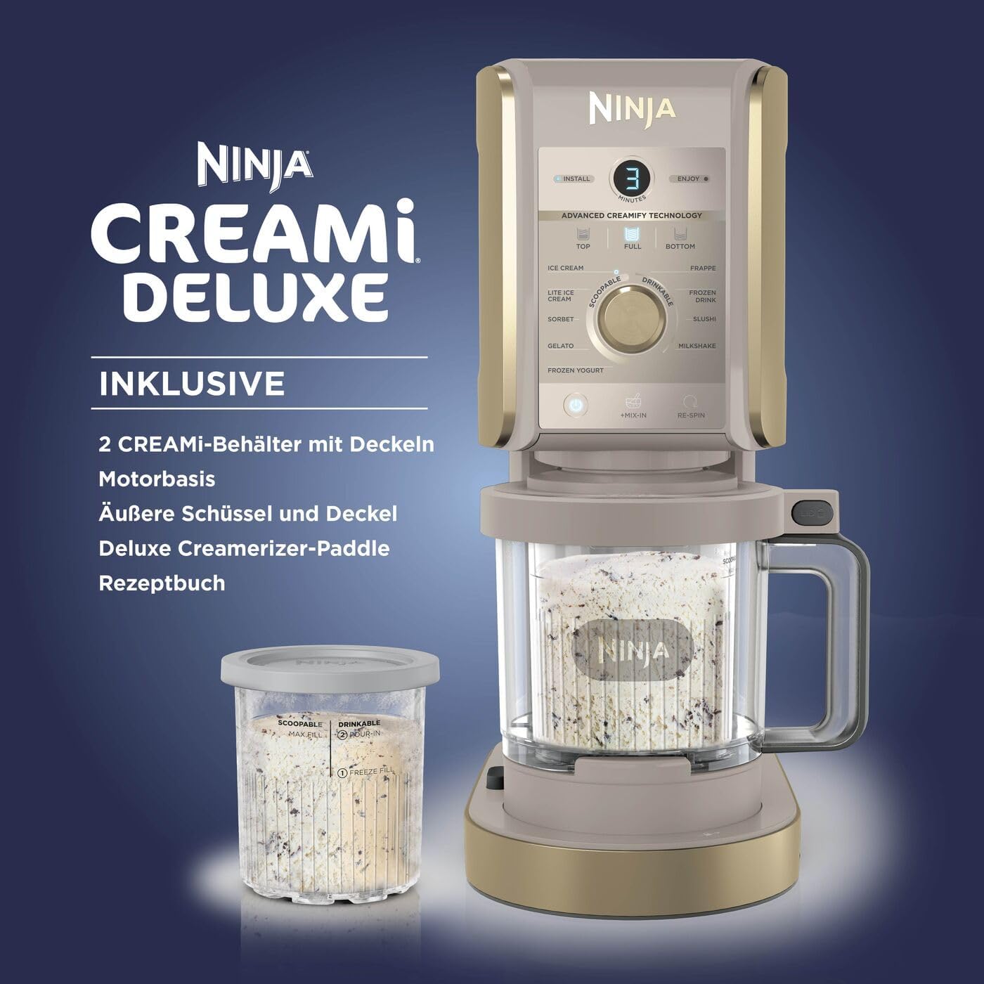 Ninja CREAMi Deluxe Eismaschine mit 2 Behältern, 10 Funktionen, Dessert & Ice Cream Maker für Eiscreme, Sorbet, Frozen Joghurt, Milchshakes, Slushi, 2-in-1 Geschmacksoption, Stone Gold, NC502EUSTGD