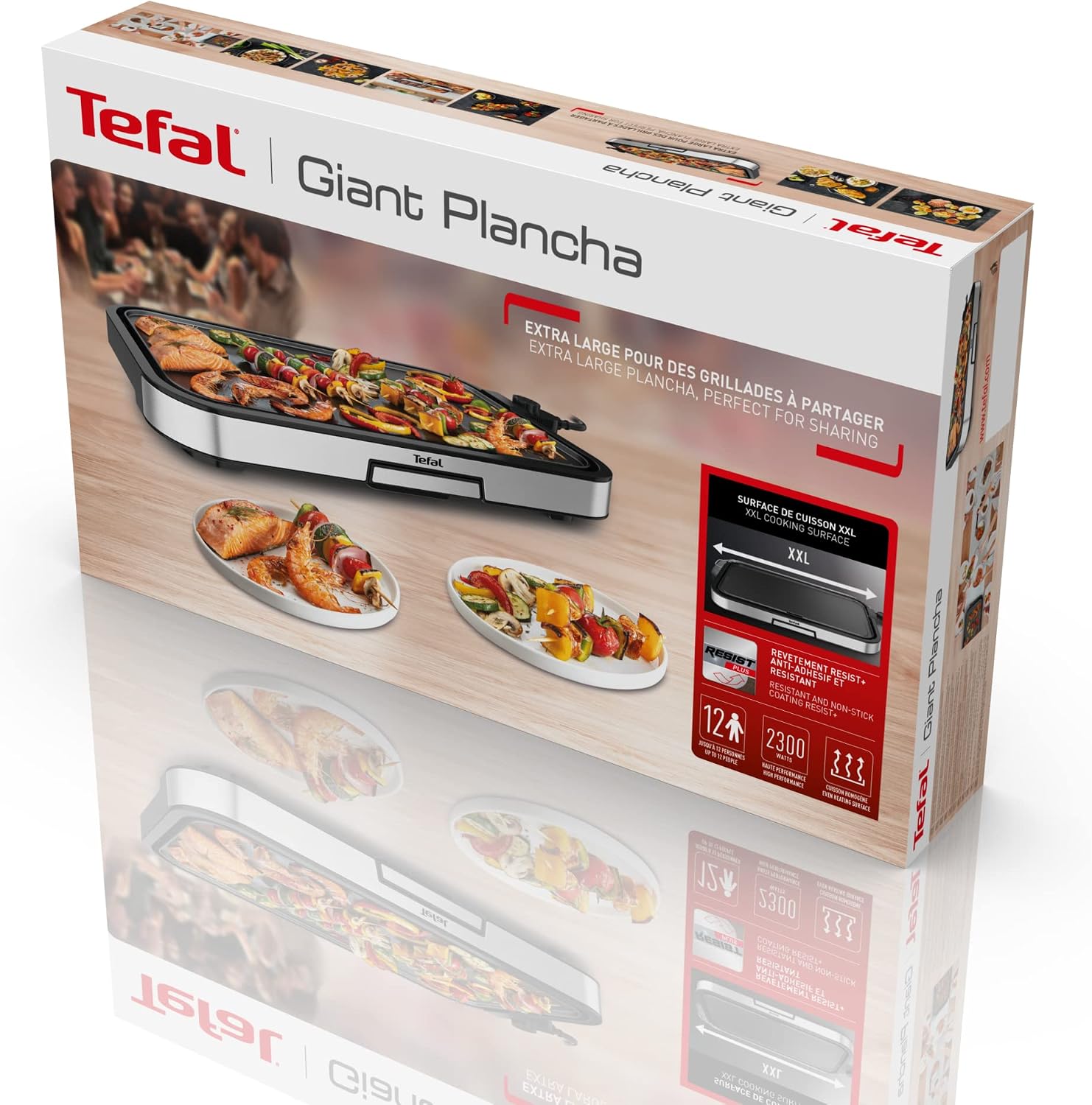Tefal CB631D Giant Plancha Grill 12 persone, superficie XXL grill, rivestimento antiaderente, termostato regolabile, oil-free, cucina sana, facile da pulire, 2300 W,Acciaio inossidabile