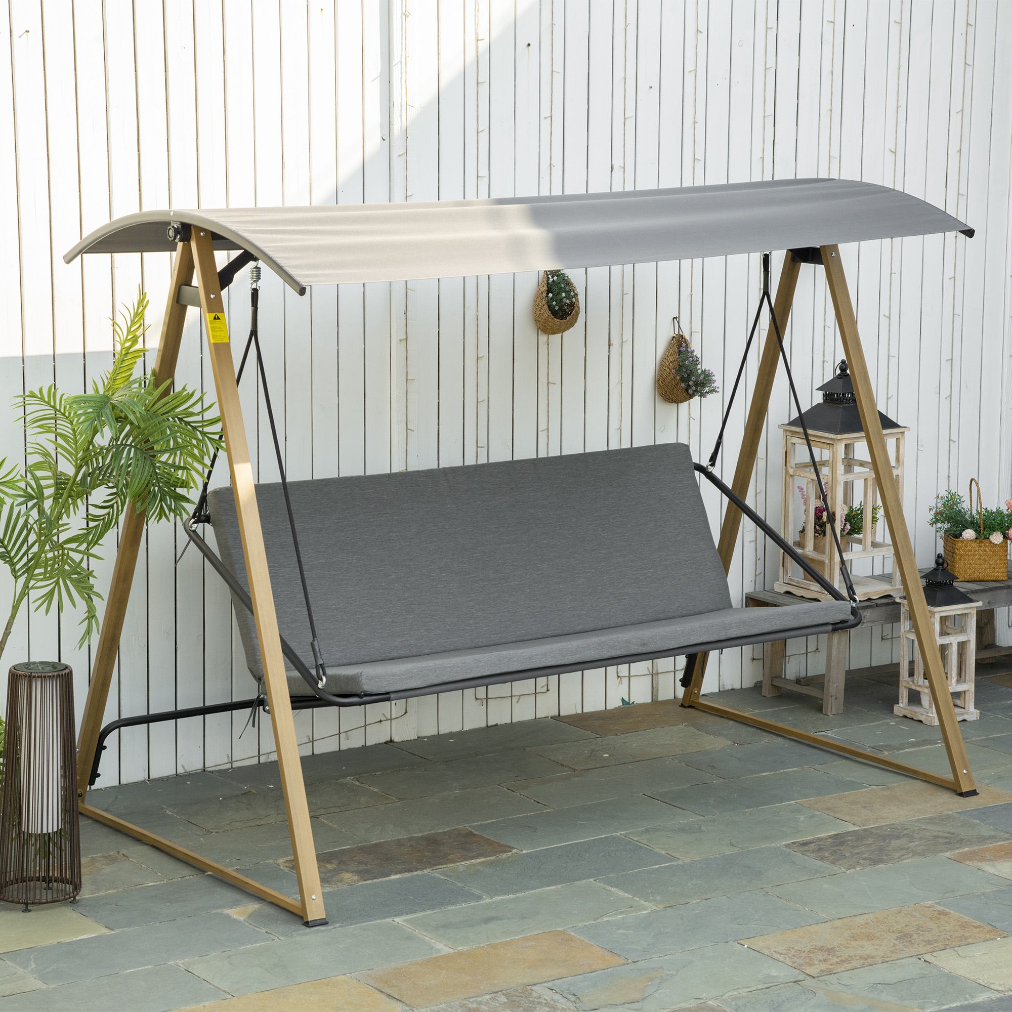 Outsunny Garten-Schaukelbank 3-Sitzer aus Stahl im zeitgenössischen Stil mit einstellbarem Sonnendach 224 x 133 x 173 cm grau