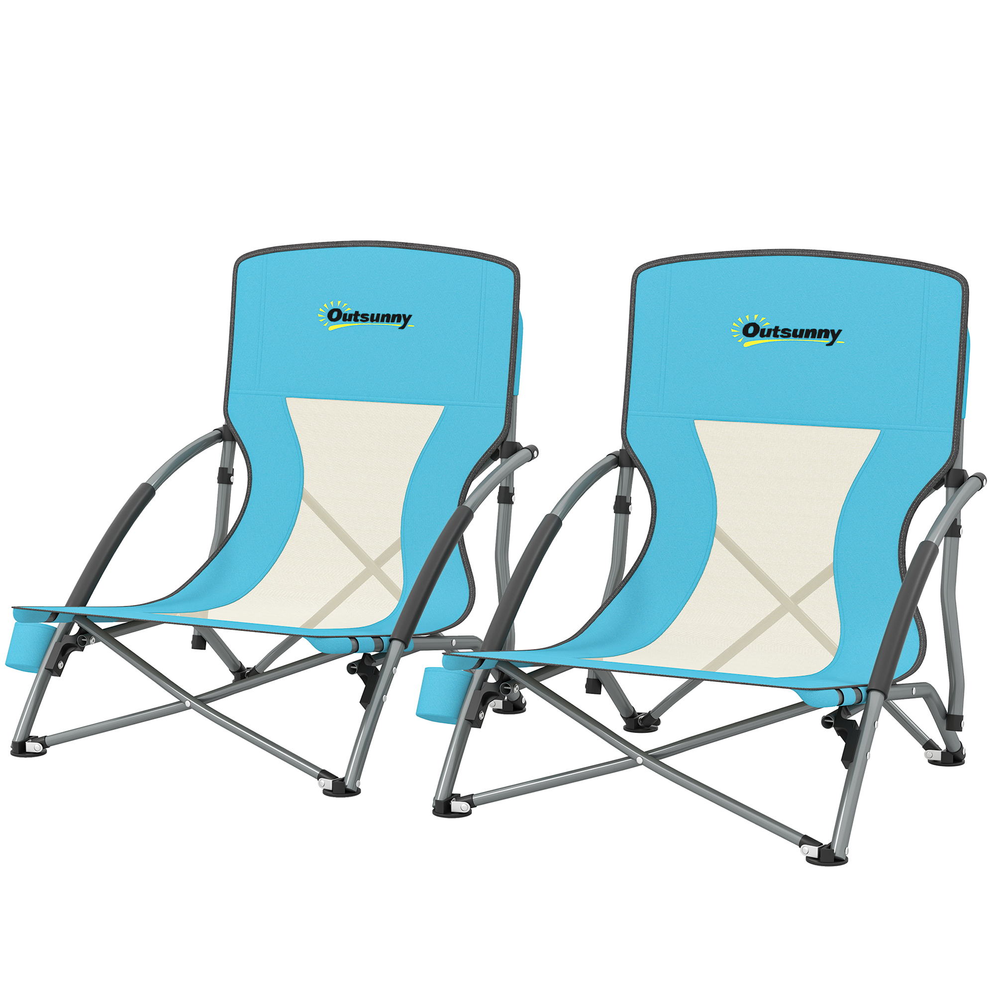 Outsunny Set mit 2 faltbaren Strandstühlen, leichte Campingklappstühle mit Transporttasche und Getränkehalter, 58 x 55 x 62 cm, blau