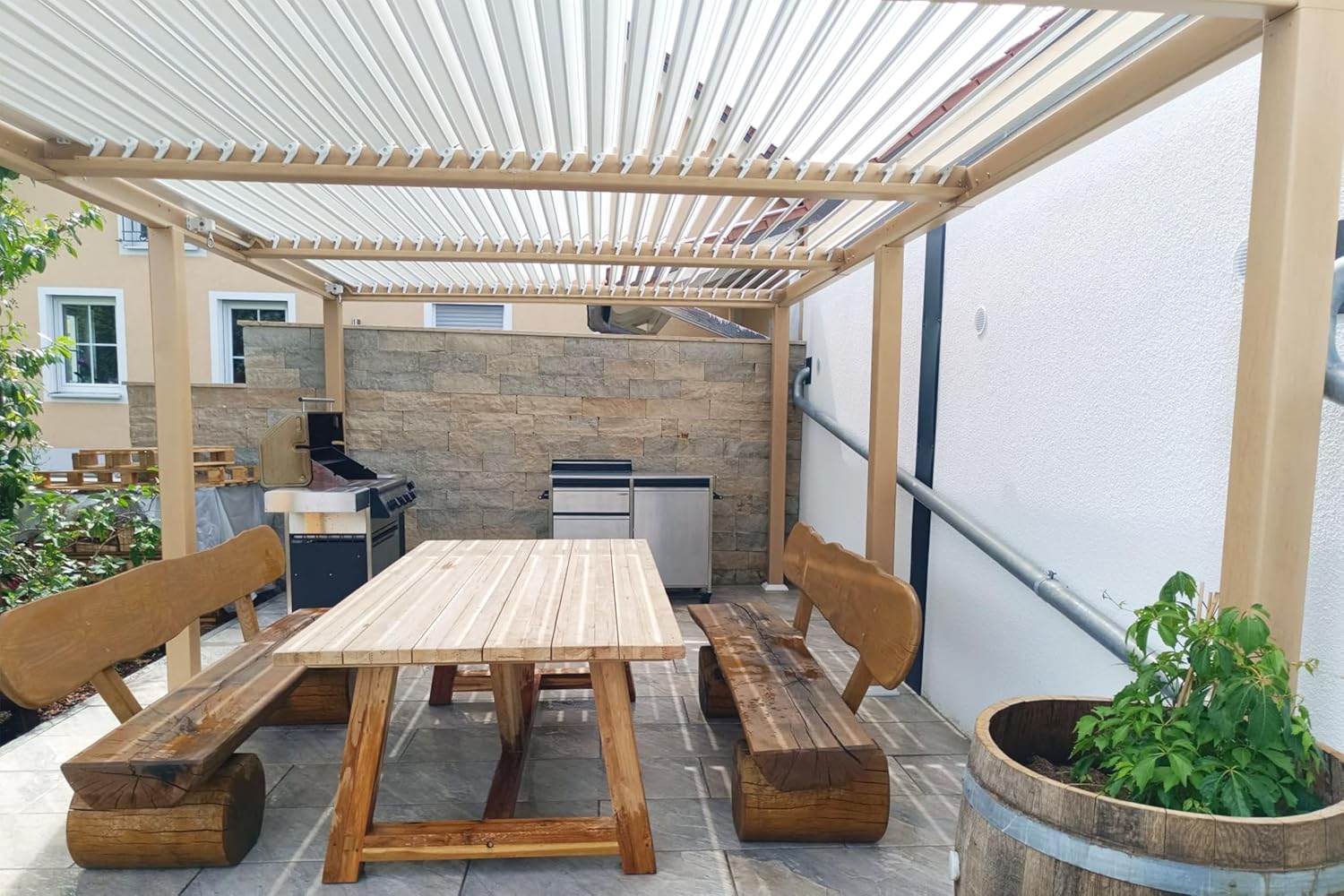 PURPLE LEAF Bioclimatic Pergola Wood Effect Aluminium 3.5 x 8.5 m, Waterproof Outdoor Garden Gazebo with Adjustable Blades, Pergola for Patio, Garden and Carport, Wooden