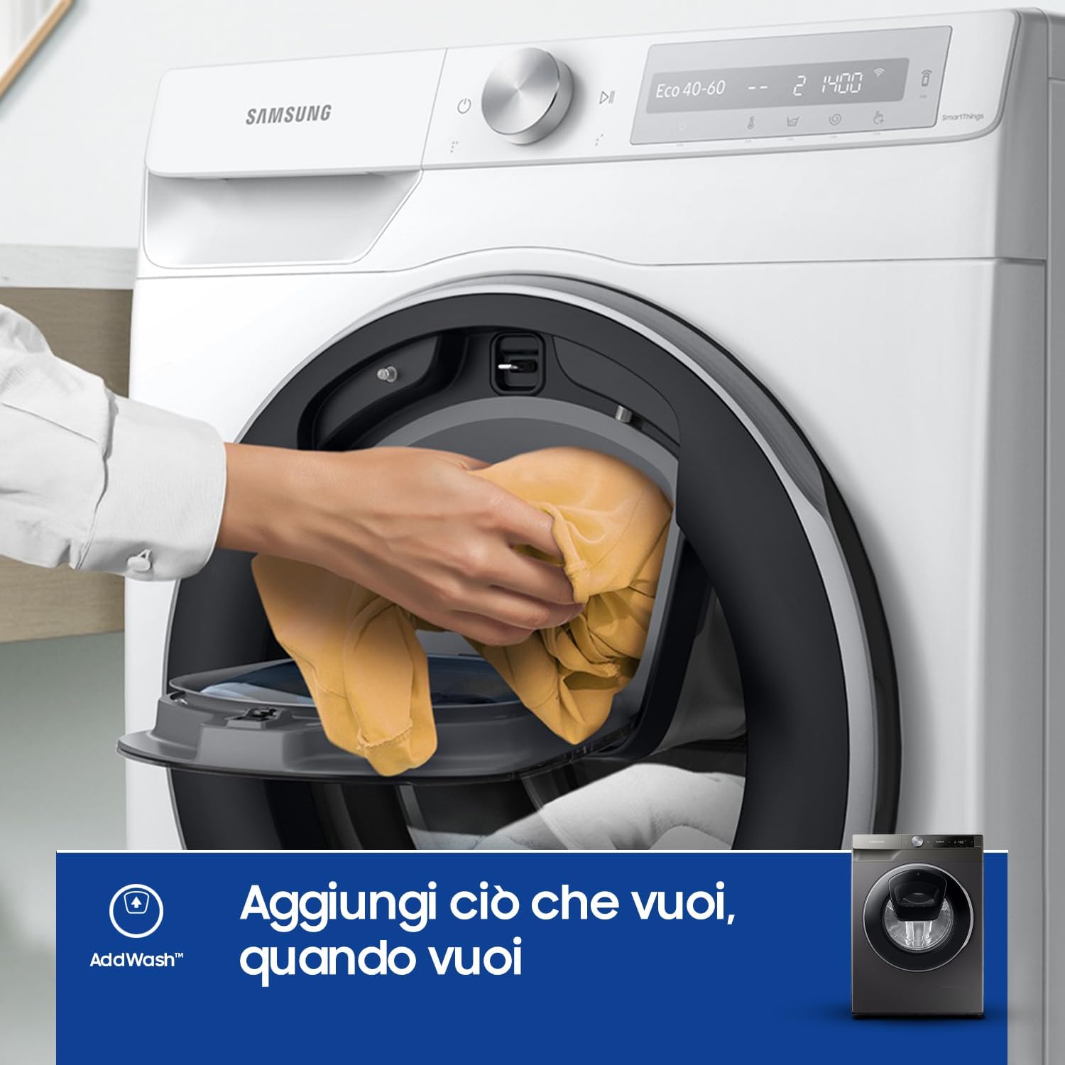 Samsung Lavatrice AI control Addwash WW90T684DLN/S3, Libera installazione, 9 Kg, 1400 RPM, WiFi, Ecodosatore, Vapore, Carica Frontale, 60l x 85h x 55p cm, Nero