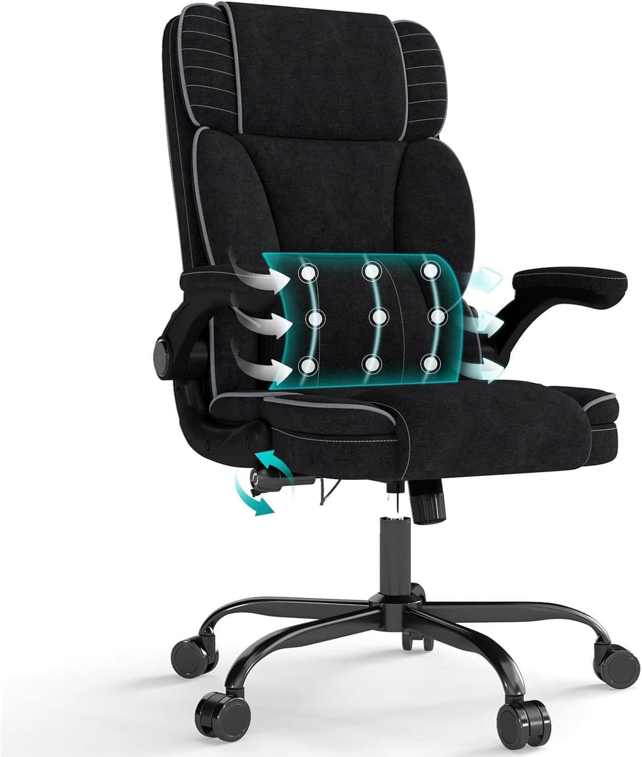 Big and Tall Office Chair with Adjustable Lumbar Support,Breathable Fabric High Back Desk Computer Chair with Adjustable Flip-up Armrests,Ergonomic Swivel PC Chair with Rocking Function