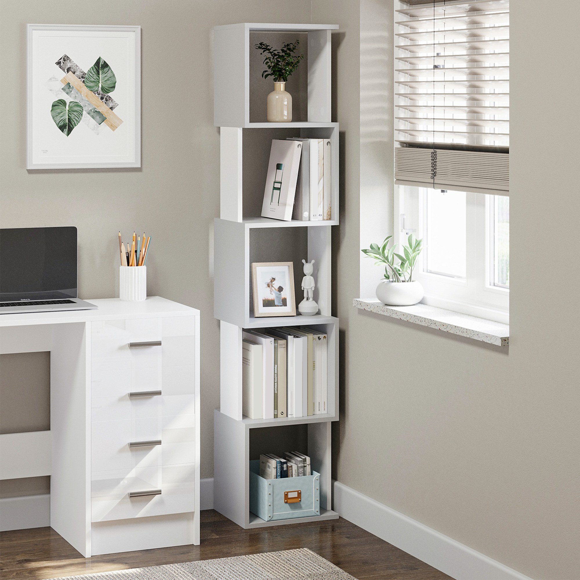 HOMCOM Bücherregal Moderne Design mit 5 Ebenen - Praktisches Regal für Zuhause oder Büro, weiß und grau