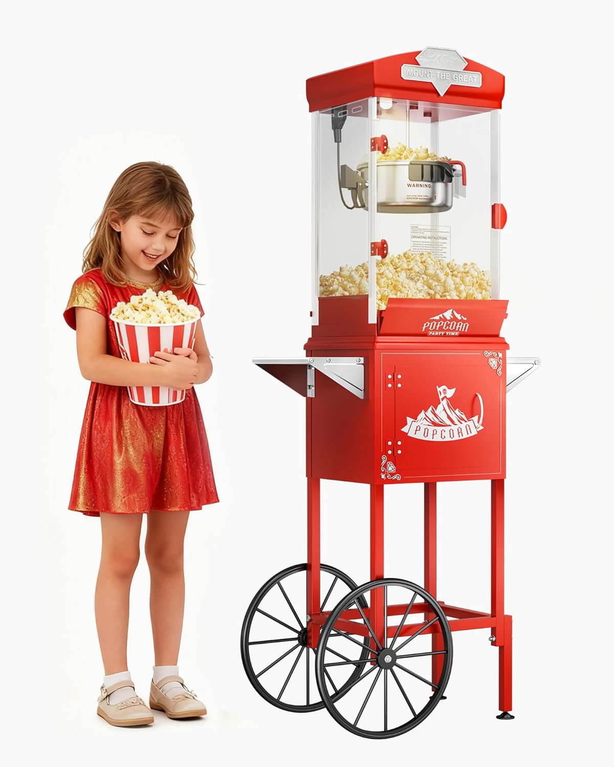 10 oz Popcorn Machine Cart, Popcorn Maker Machine with Wheel & Stainless-Steel Kettle Makes Up to 40 Cups, Vintage Movie Theater Style Pop Corn Machine, Red