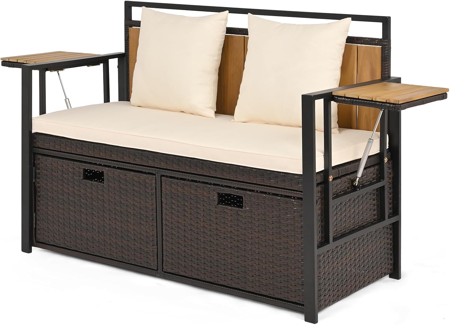SOARS Divano da Giardino 2 Posti, Panchina da Esterno in Rattan PE con Contenitore, Cuscini Imbottiti e Tavolini Pieghevoli, Salotto da Giardino per Balcone e Terrazza, 120 x 51 x 82 cm (Bianco)