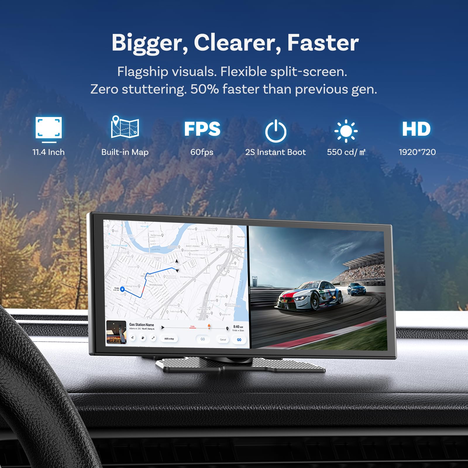 11,4 Zoll CarPlay Display für kabelloses Apple CarPlay und Android Auto mit Android 15, Google Play, Gemini AI Sprachassistent, GPS-Navigation