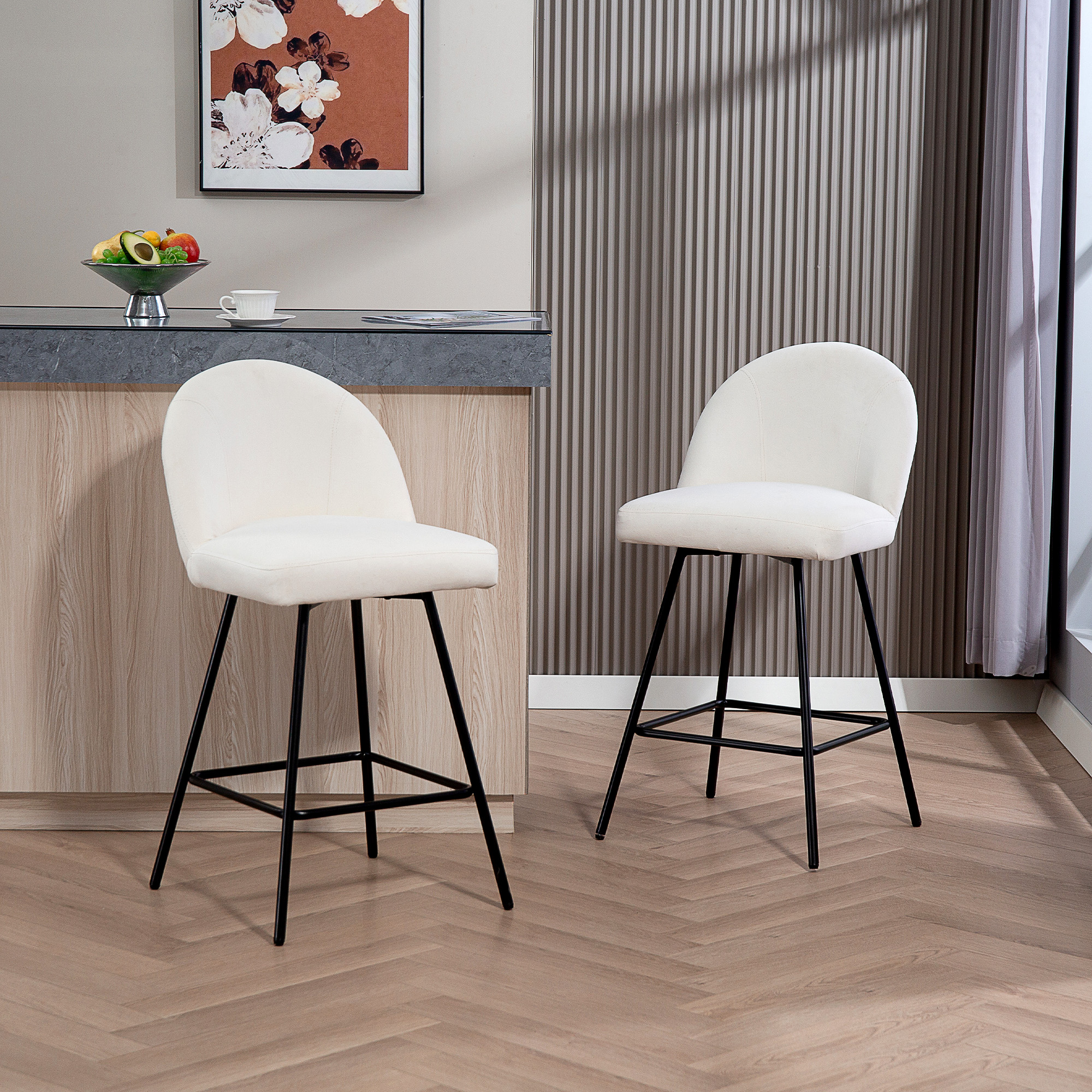 HOMCOM Set von 2 Barhockern mit Rückenlehne aus Samt und Stahl-Fußstütze, Creme