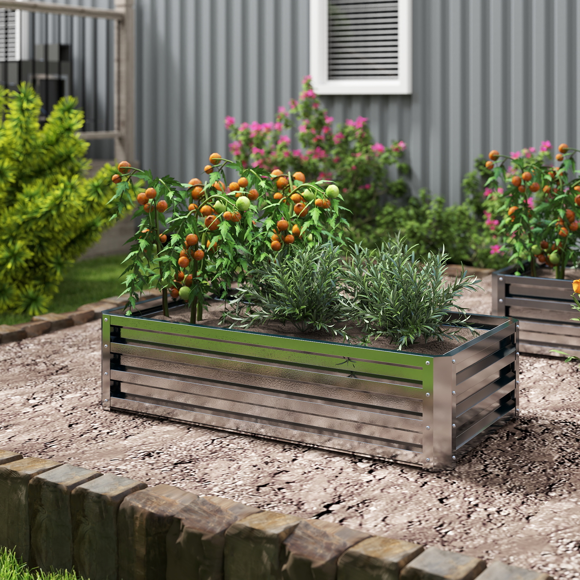 Outsunny Hochbeet Pflanzkasten, wetterbeständig, offener Boden, verzinkter Stahl, 120 cm x 60 cm x 30,5 cm, Silber
