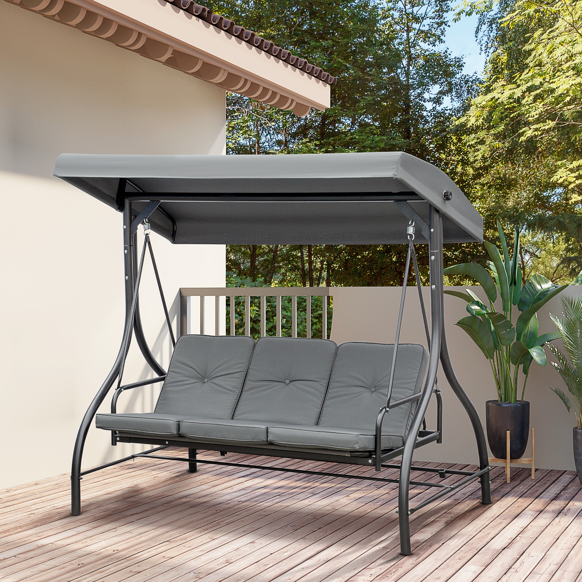 Outsunny Schommelbank Hollywoodschommel met Zonwering, Tuinschommel, Verandaschommel, 3 Zitplaatsen, Schommelbed