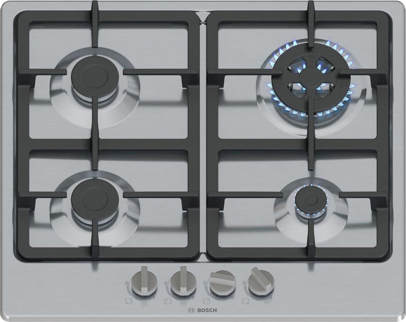 Bosch PGH6B5K90 Serie 4 Piano Cottura a Gas, Bruciatore Wok: Potenza Fino a 3.3 Kw, Griglie in Ghisa, Acciaio, 60 Cm, 3 zone + Wok, Inox