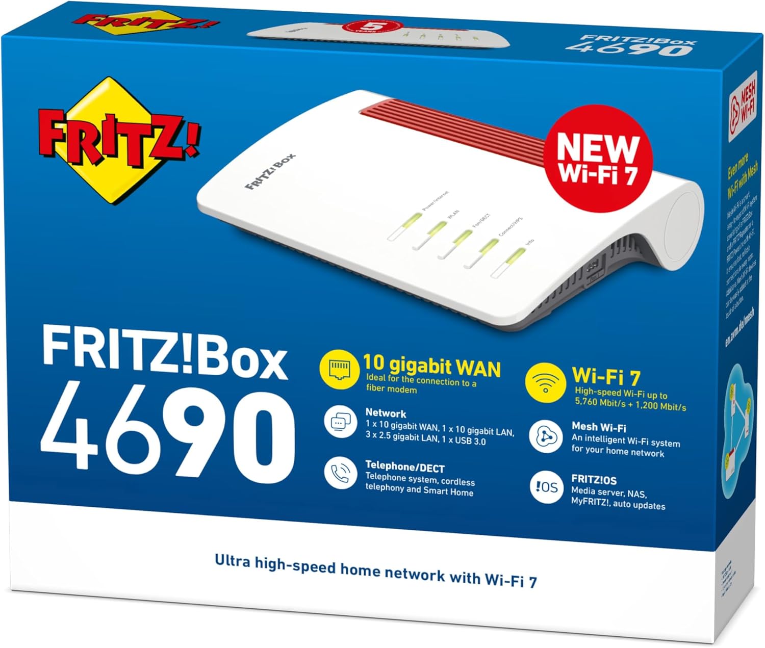 FRITZ!Box 4690 Edition International, Router Wi-Fi 7 Mesh per DSL o Fibra, fino a 6960 Mbit/s di velocità, 1x 10-Gigabit WAN/LAN, 3x 2.5-Gigabit LAN, Base DECT e Zigbee, Wi-Fi MESH e manuale italiano