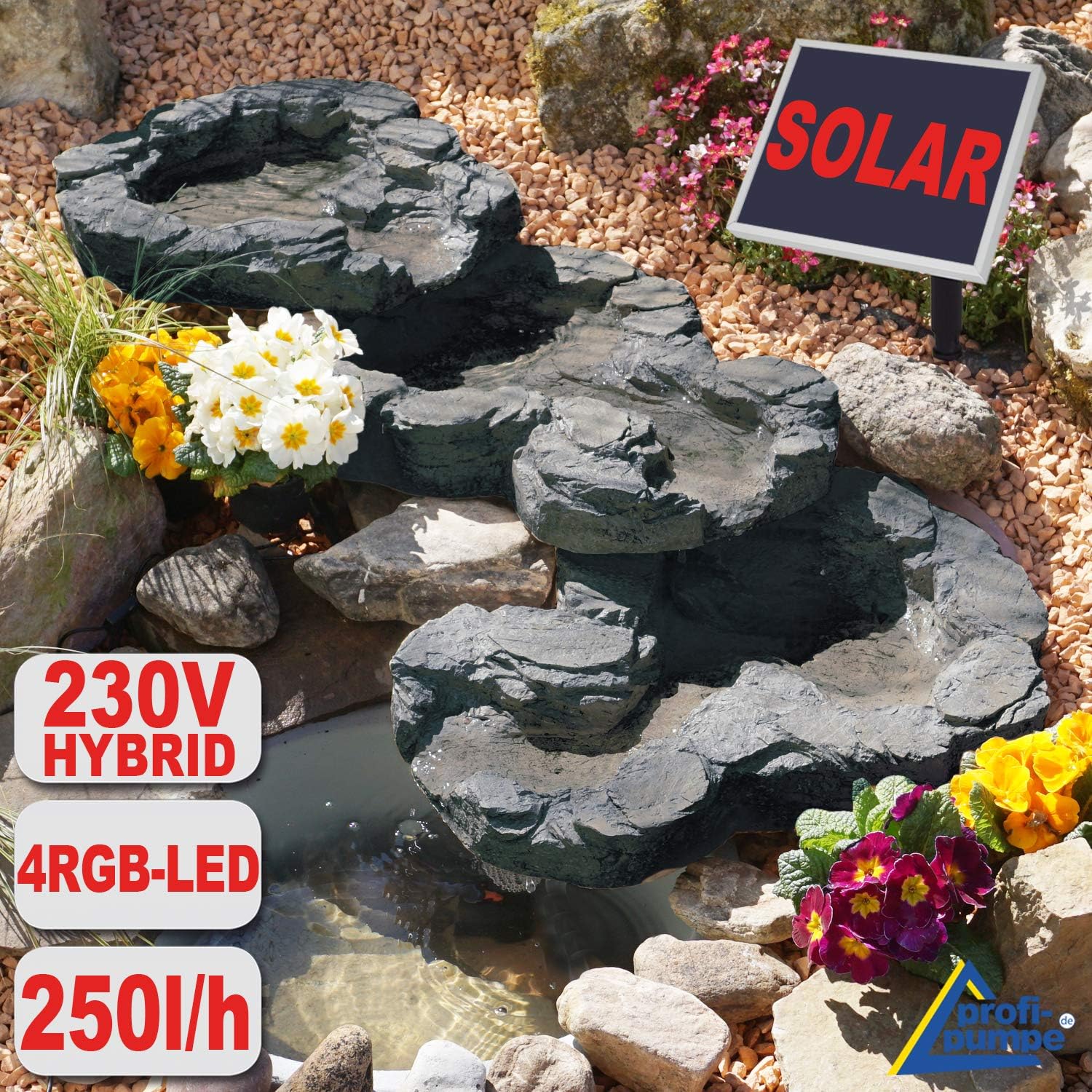 Solar GARTENBRUNNEN Bachlauf QUELLBACH II mit LED-Licht/Hybrid-System, 230V ZIERBRUNNEN VOGELBAD Wasserfall GARTENLEUCHTE TEICHPUMPE - SPRINGBRUNNEN WASSERSPIEL für Garten, Gartenteich, Teich