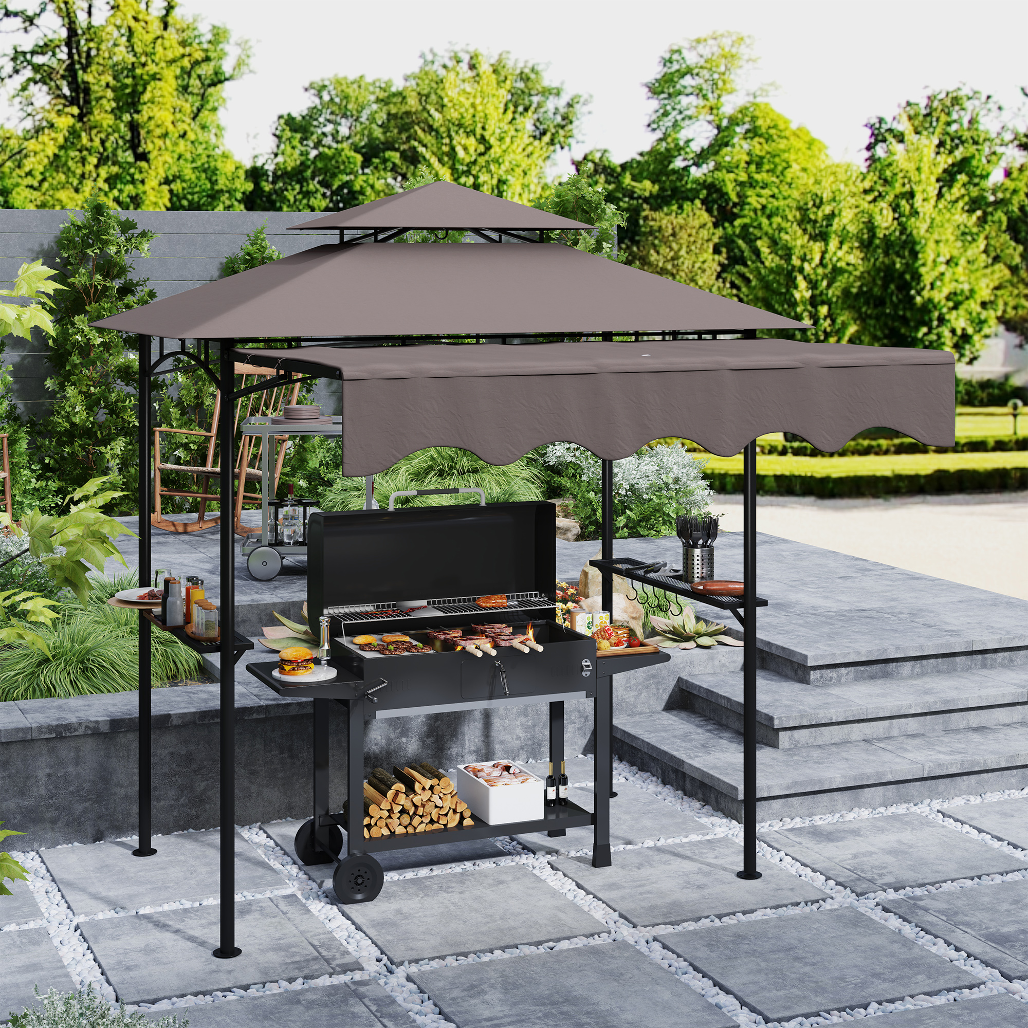Outsunny Grillpavillon 242x149x248 cm wasserabweisend flammhemmend Gartenpavillon mit Doppelschichtdach Kaffee