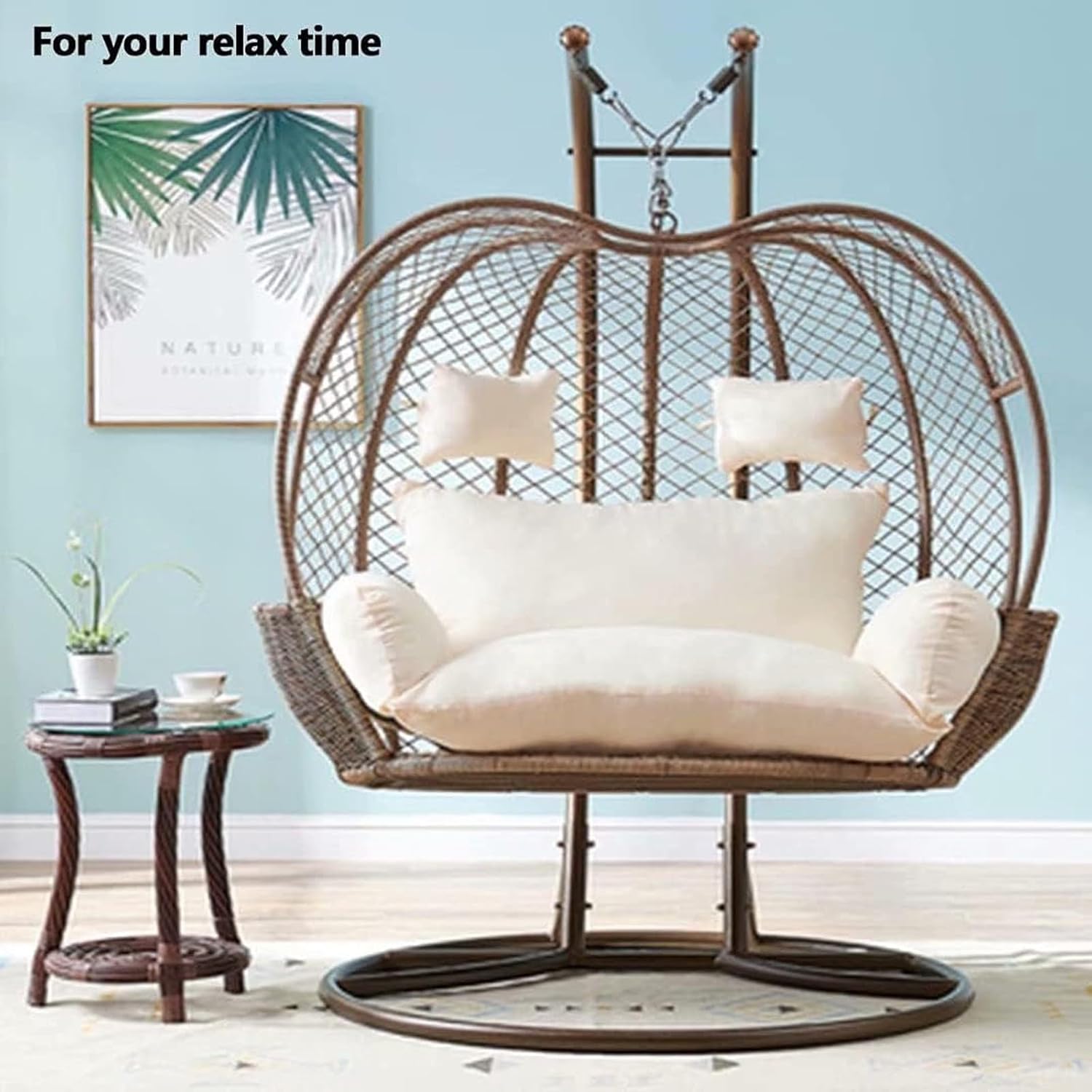 Sedia sospesa per 2 persone, impermeabile, in rattan, rimovibile, design a nido d'uovo, altalena con cuscini imbottiti, ideale per rilassarsi in giardino
