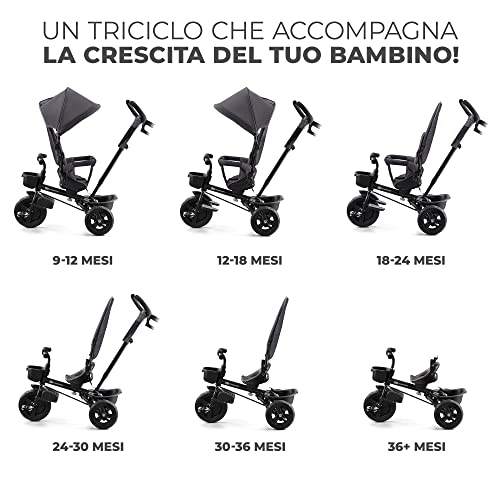Kinderkraft AVEO Triciclo bambini dai 9 Mesi fino 25 kg, Passeggino con Maniglione del Genitore regolabile, Bici, Compatto pieghevole, Sedile girevole Fronte Mamma e Strada, Ruota libera, Grigio : Giochi e giocattoli