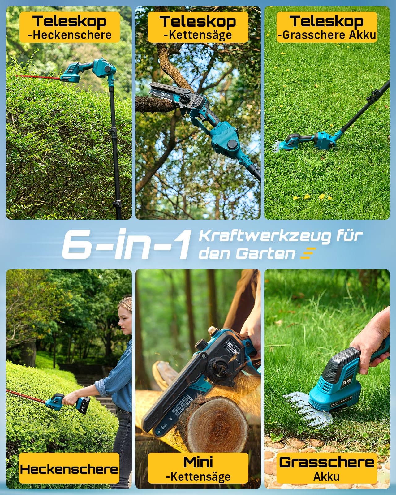 SEESII 6 in 1 Teleskop Hochentaster Akku Set für Gartenpflege und Holzfällen kabellos ausziehbar elektrisch