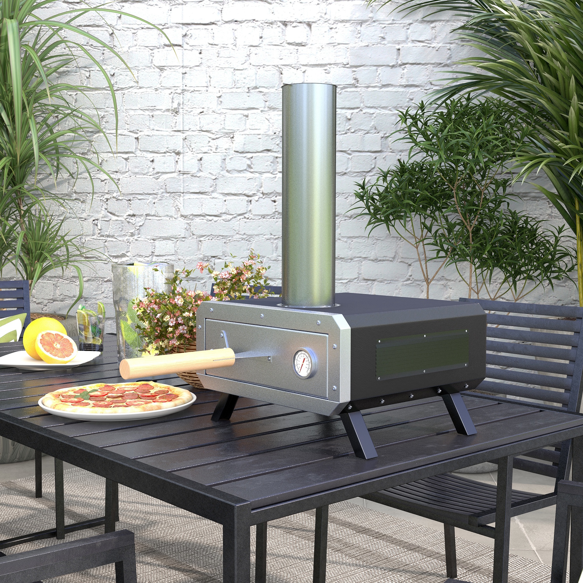 Outsunny Outdoor Pizzaofen mit Pizzastein, Pizzaschaufel, Aschefach, 82L x 39,5B x 58Hcm, Schwarz/Silber