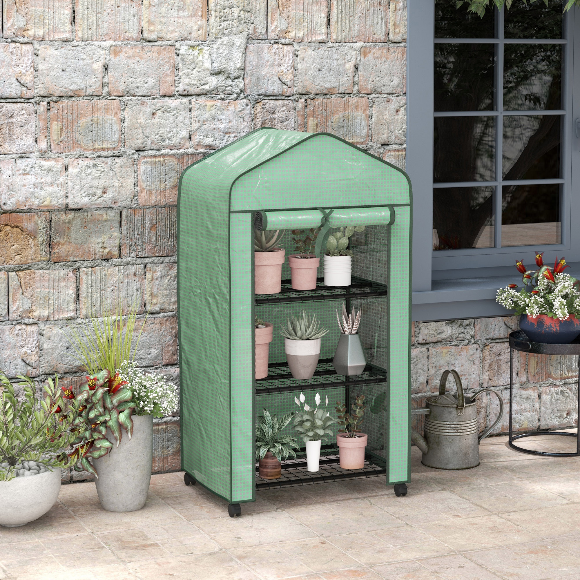 Outsunny Mini Garten-Gewächshaus mit 3 Regalen, hochdichte PE-Abdeckung, aufrollbare Tür, 4 Rollen, Maße 69L x 49B x 130H cm