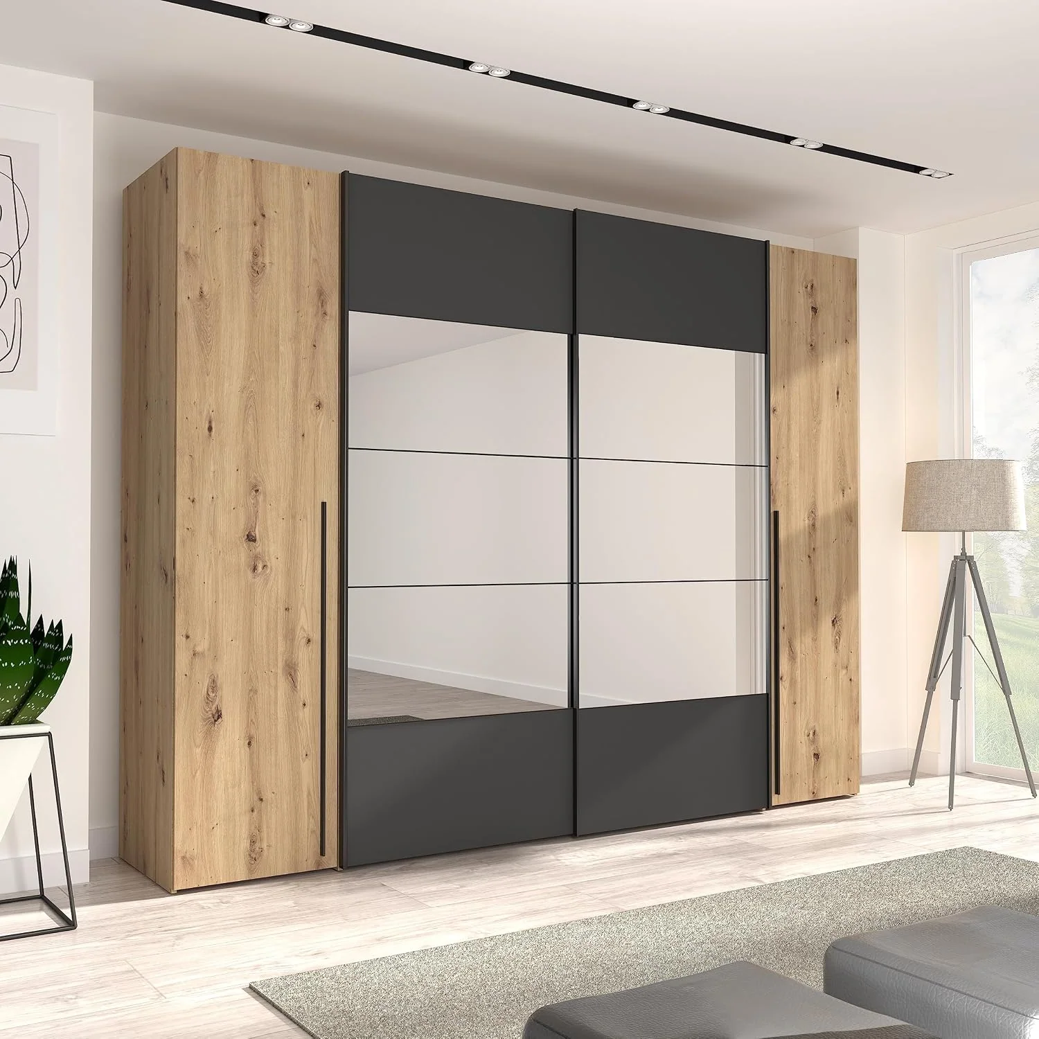 Forte RAYONG Schrank 270, 270,3 cm breit x 210 cm hoch x 61,2 cm tief, Kleiderschrank mit Spiegel, Dreh-/Schwebetürenschrank, moderner Industrial Stil