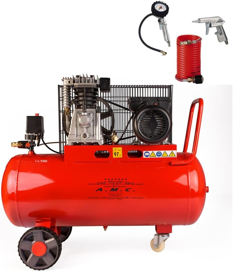 AMC Compressore ad aria da 100 litri pressione 8 bar elettrico coassiale 3 Hp incluso Kit Accessori motore potente termicamente silenziato protetto con Carcassa esterna in alluminio'