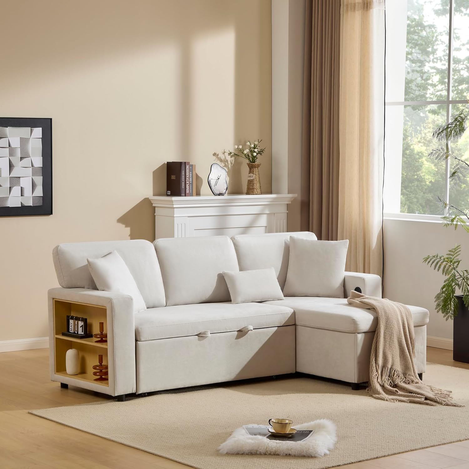 Goeria Divano ad angolo, divano ad angolo, a forma di L, allungabile, ripiano integrato e cassetta del letto (beige)