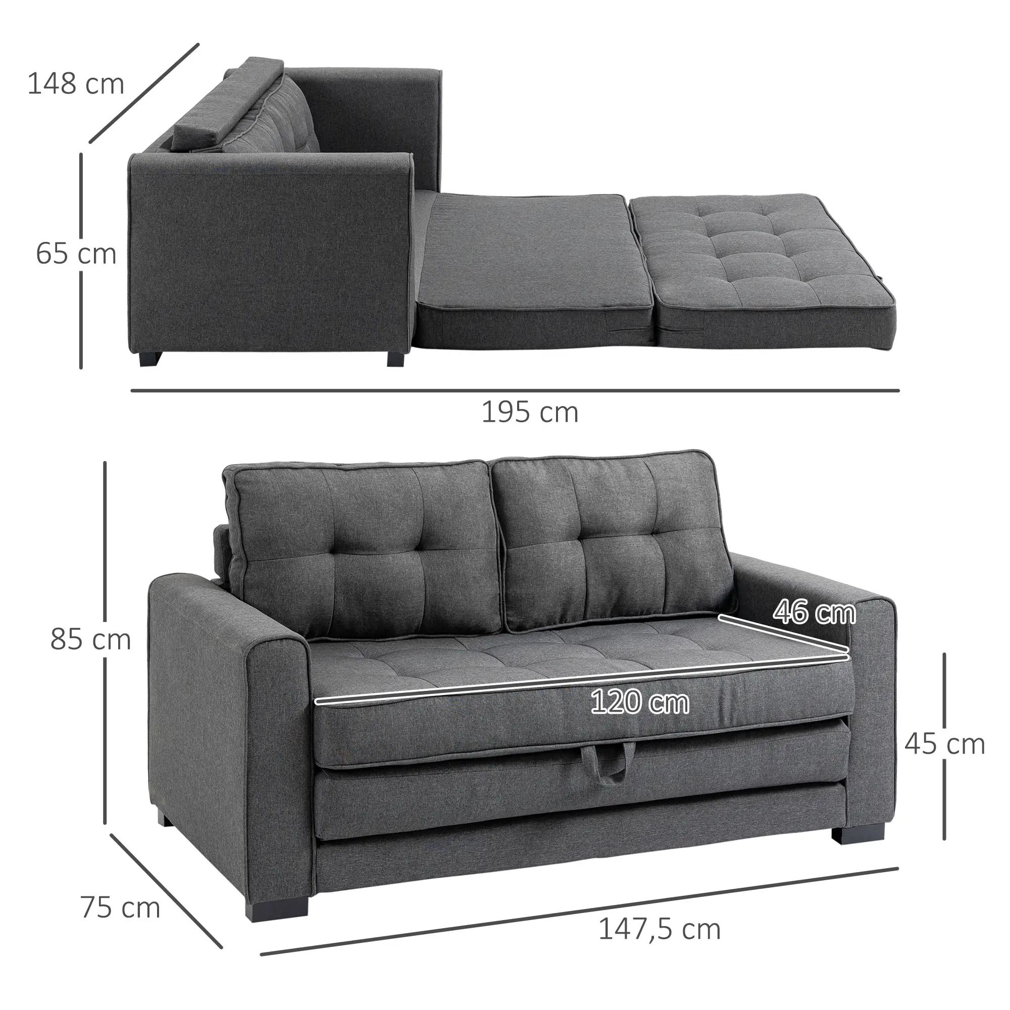 HOMCOM Schlafsofa 2-Sitzer ausziehbar Massivholz Federung Grau