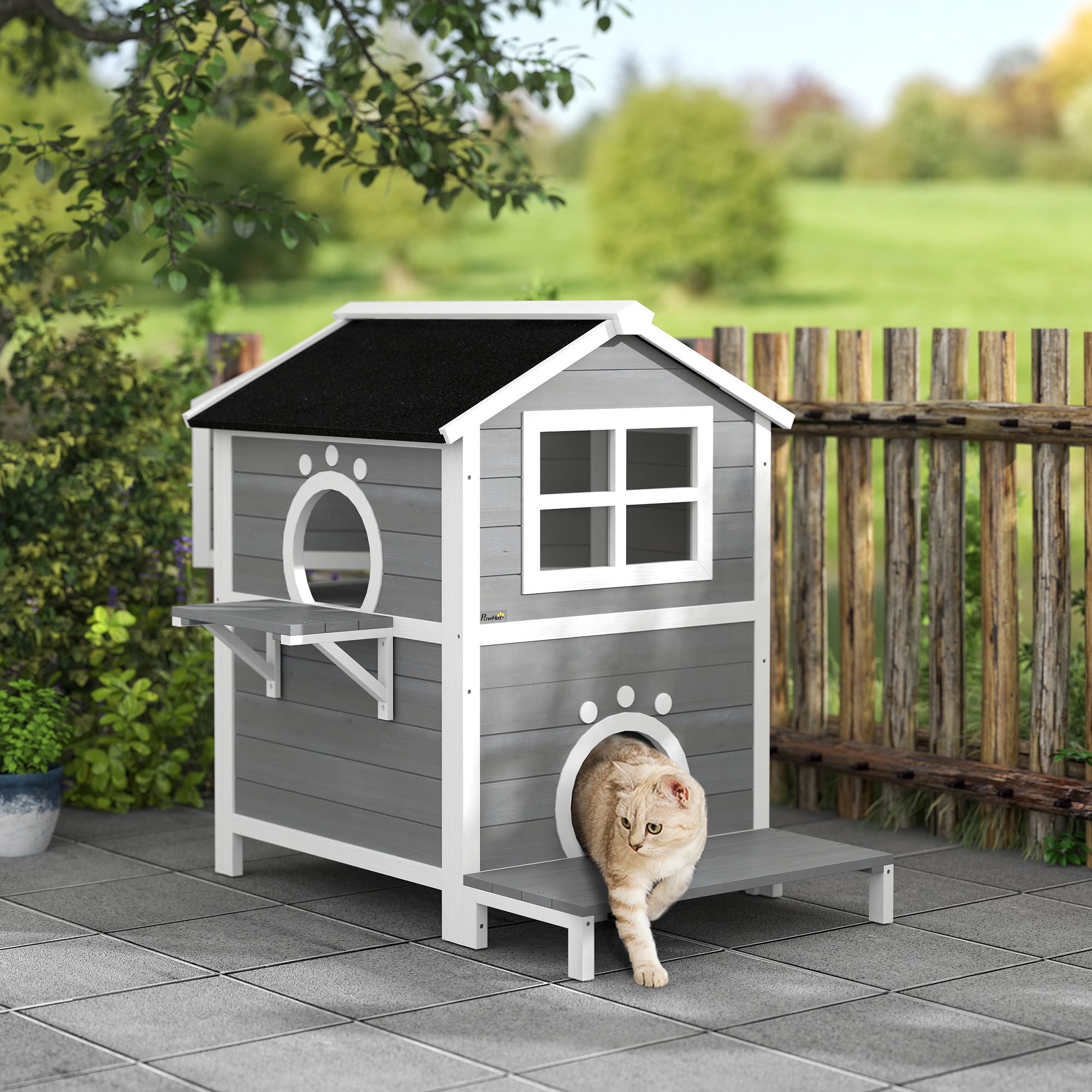 PawHut Outdoor-Katzenhaus mit wetterfestem Dach, Fenster, Balkon, herausnehmbarem Boden, 2 Ebenen, für 1-2 Katzen, Grau