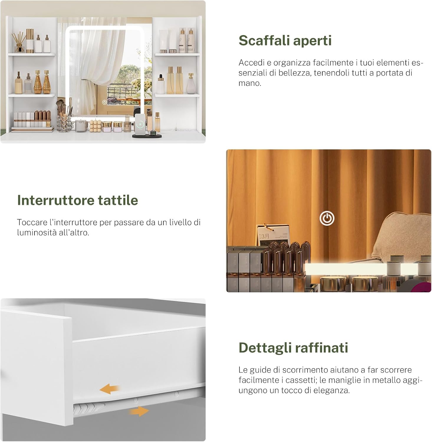 TEENFON Make-up Vanity with LED Mirror and Socket, 3 Adjustable Colour Modes and Brightness, Makeup Vanity with 8 Drawers and 6 Shelves, White