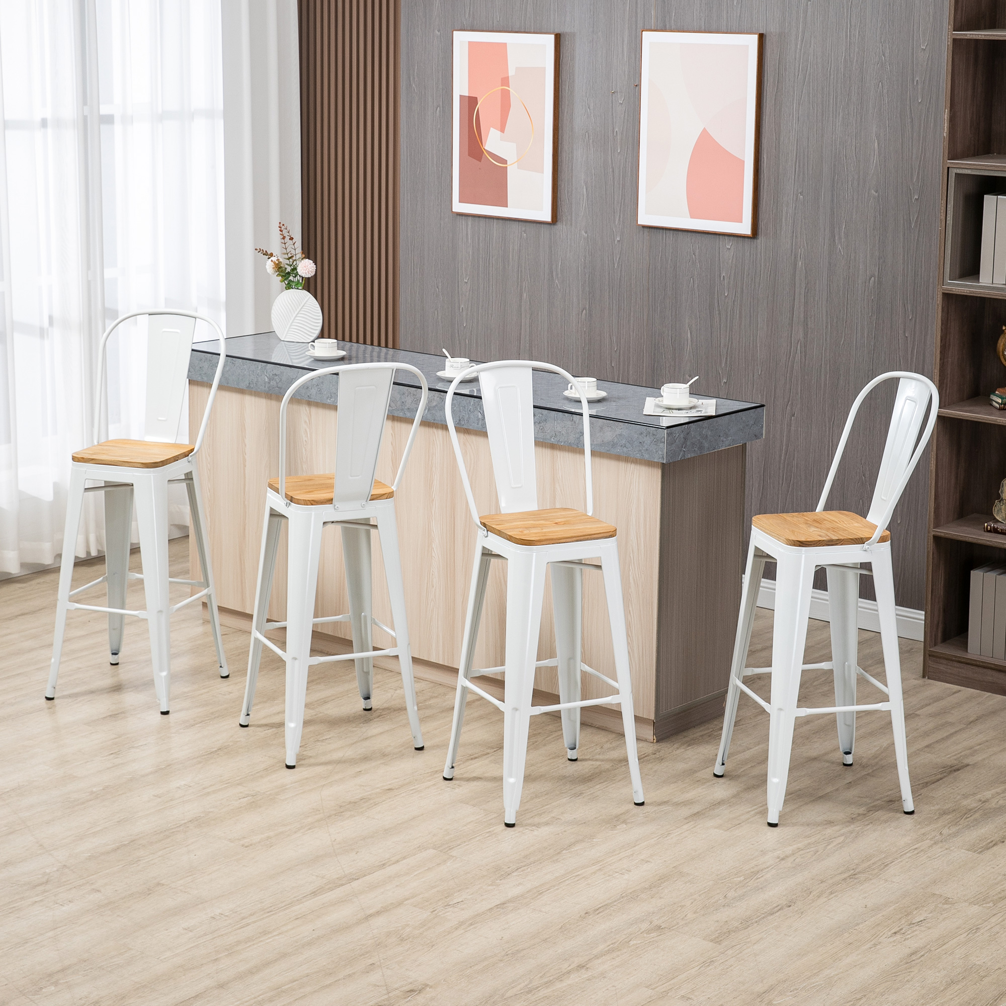 HOMCOM Set von 4 industriellen Barhockern mit Rückenlehne, Fußstütze, Sitzhöhe 76 cm, Metall in Weiß
