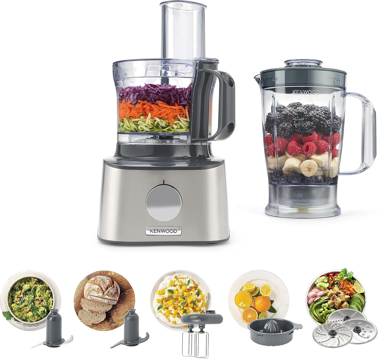 Kenwood MultiPro OneTouch FDM73.850SS – 3-in-1 Kompakt-Küchenmaschine & Mixer, 12 Zubehörteile, 6 Automatikprogramme, Variable Geschwindigkeit & Pulse-Funktion, Integrierte Waage, 1000 W, Silber